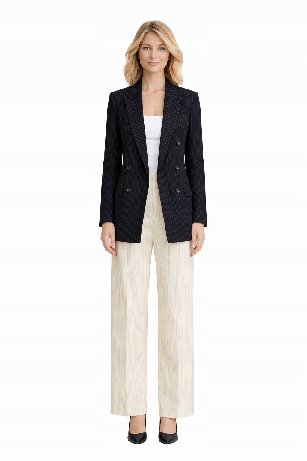 Bílé Pruhované Palazzo Kalhoty Bavlna L 1I4A