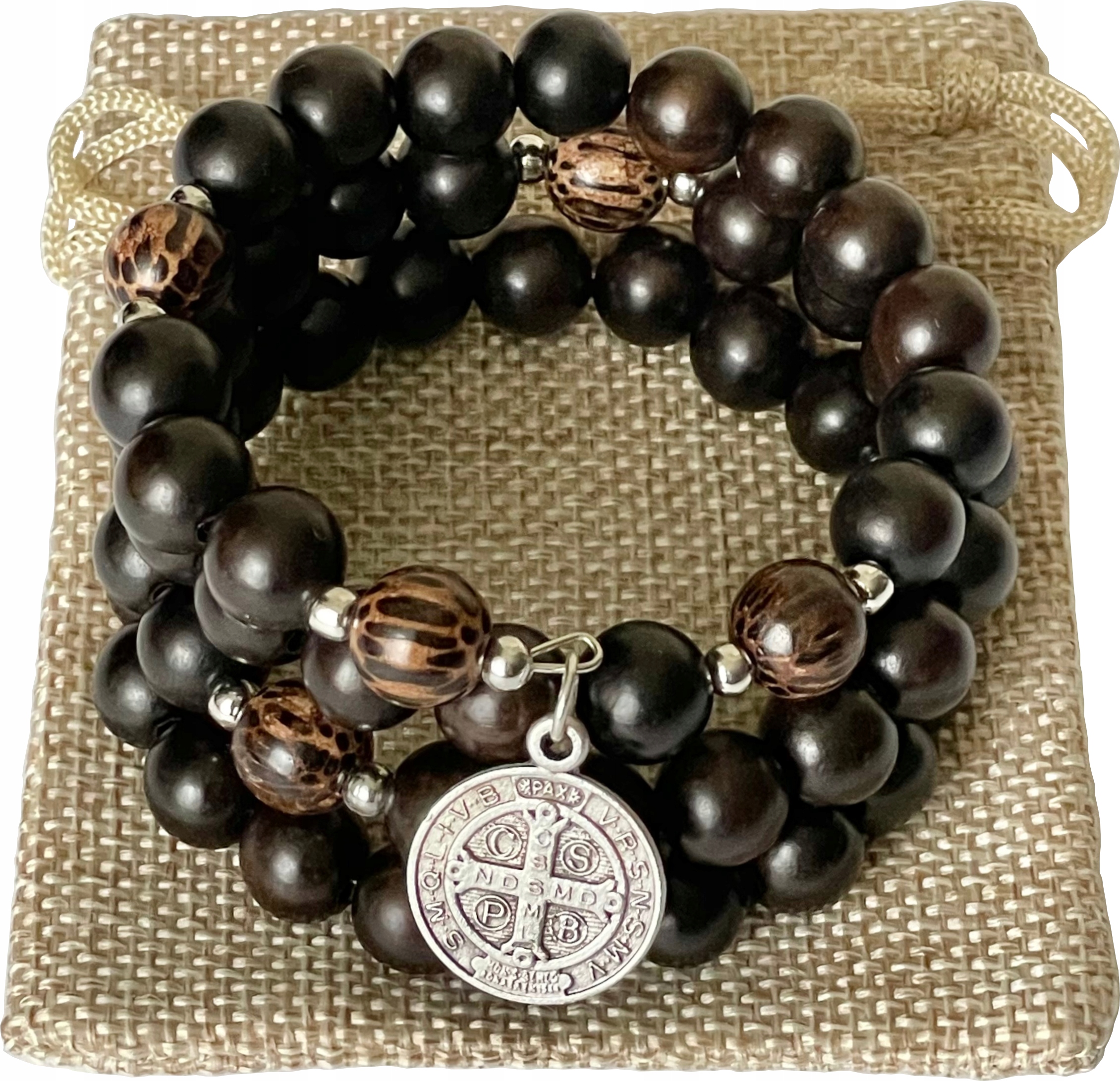 Růženec Pánský Náramek Eben Palmový Strom Medailon Svatý Benedikt