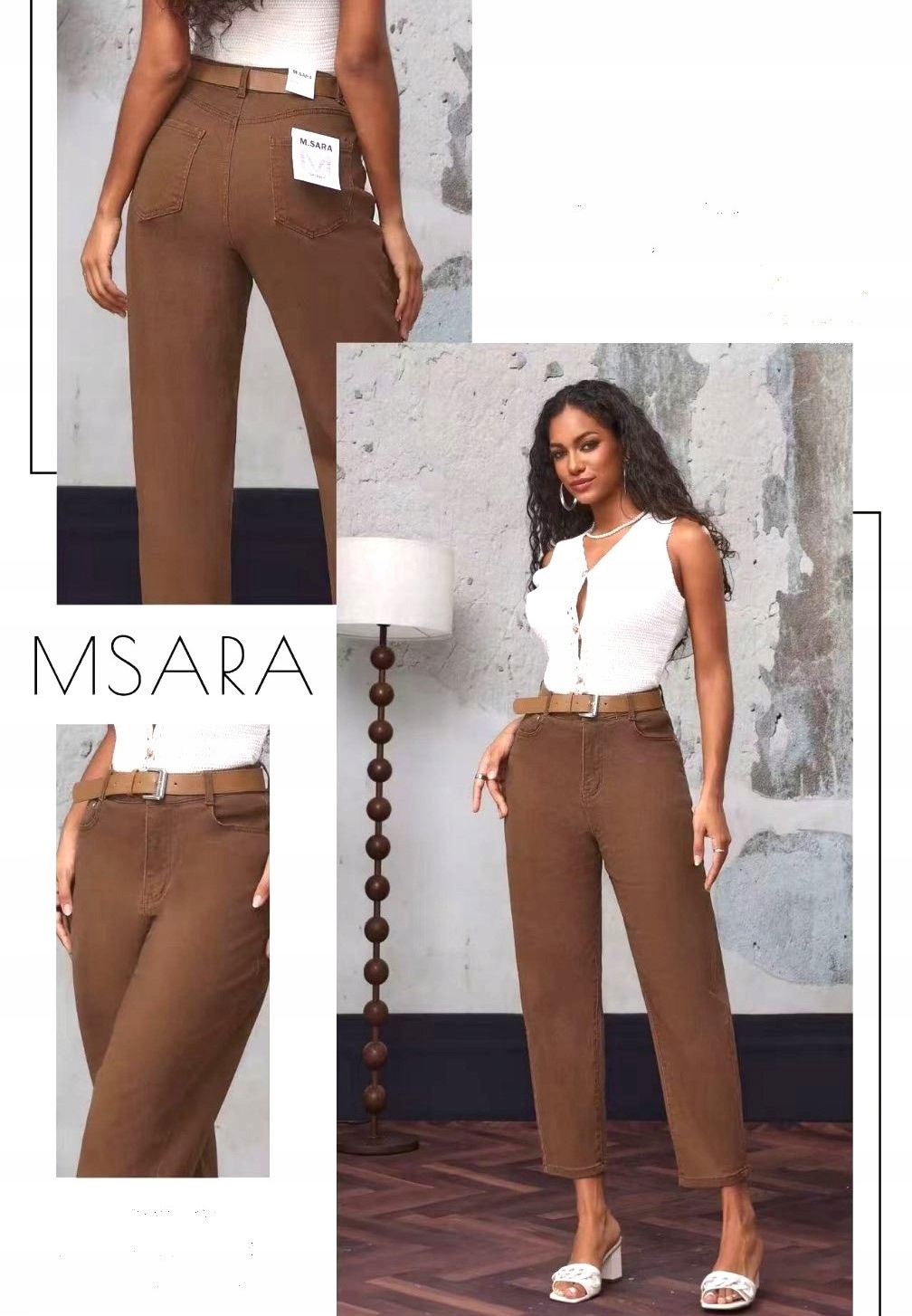 M.sara Balloon Spodnie Jeansy Brązowe Mleczna Czekolada Wysokie 46 3XL