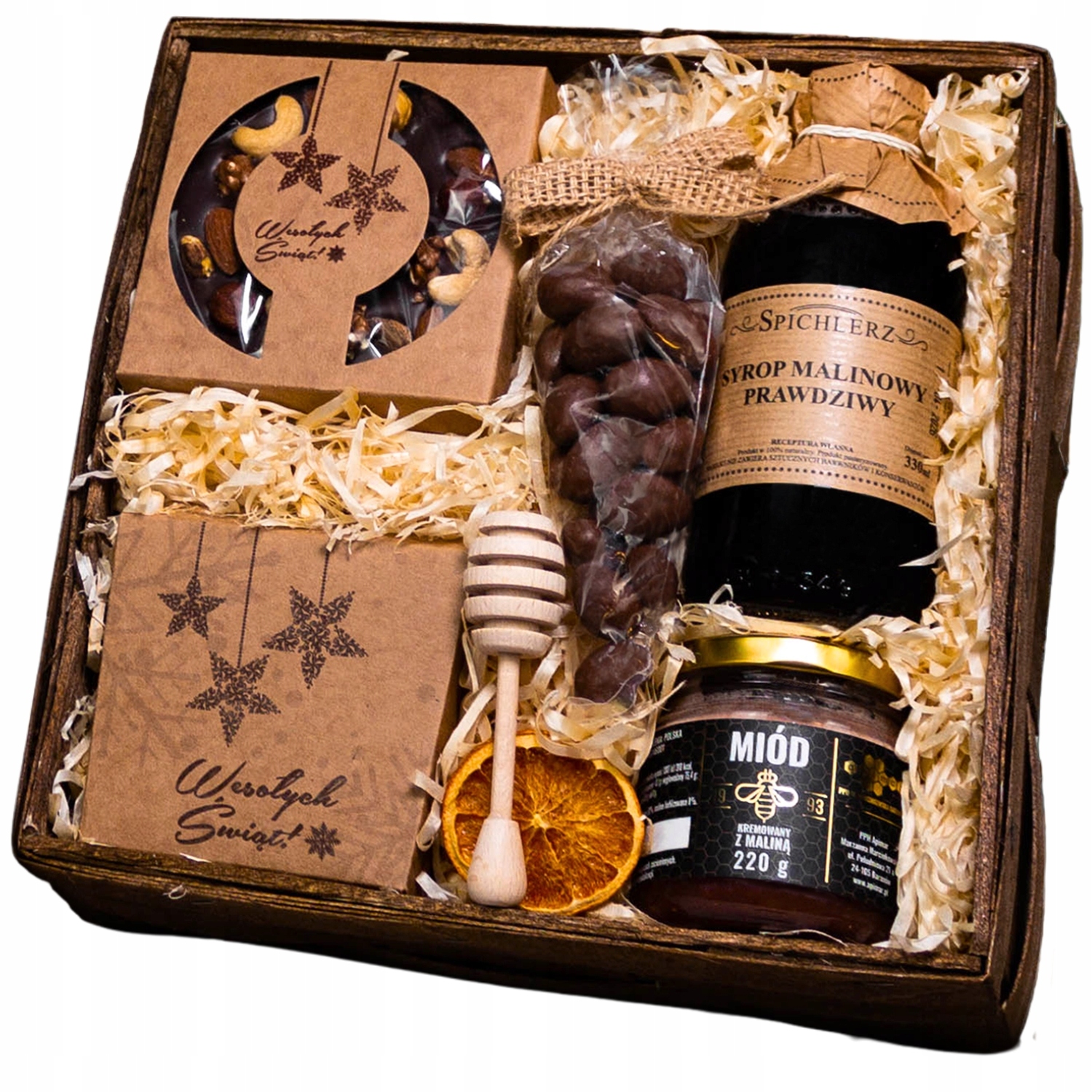 Dárkový Koš Set na Vánoce Švestky v čokoládě Med Malinový sirup