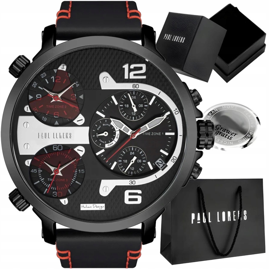 Velké pánské hodinky Paul Lorens Tezert s multidatem a časovými zónami Gravírování
