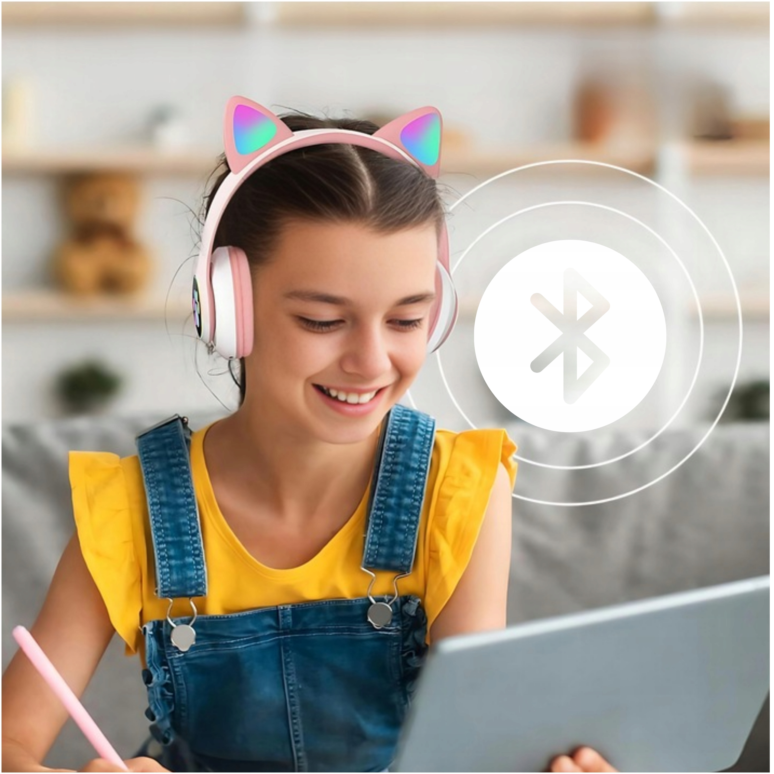 SŁUCHAWKI KOCIE USZY DLA DZIECI BEZPRZEWODOWE BLUETOOTH LED RGB USZY KOTA Mikrofon tak