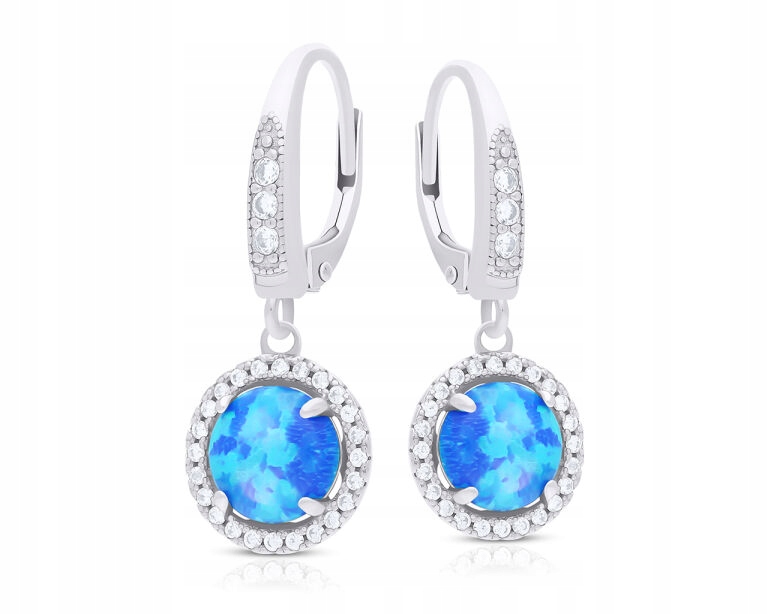 Stříbrné Náušnice visící s modrým opálem a kulatými zirkony ryzost 925