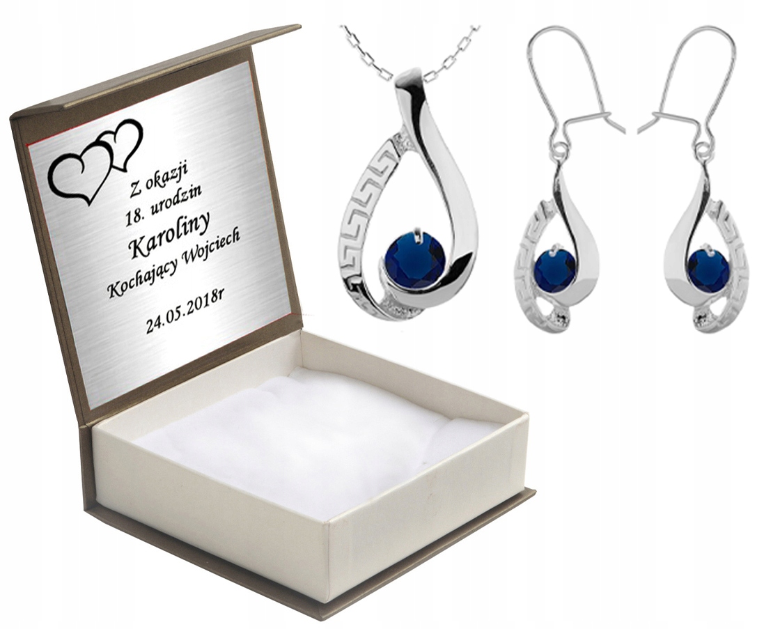 

Komplet Biżuterii Z Niebieskimi Cyrkoniami +grawer