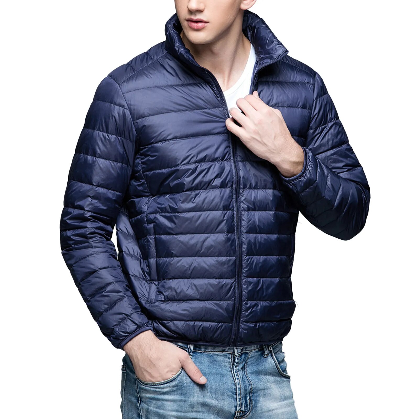 Winter Men's Down Jacket Ultra Light Solid Jackets Zapięcie zamek