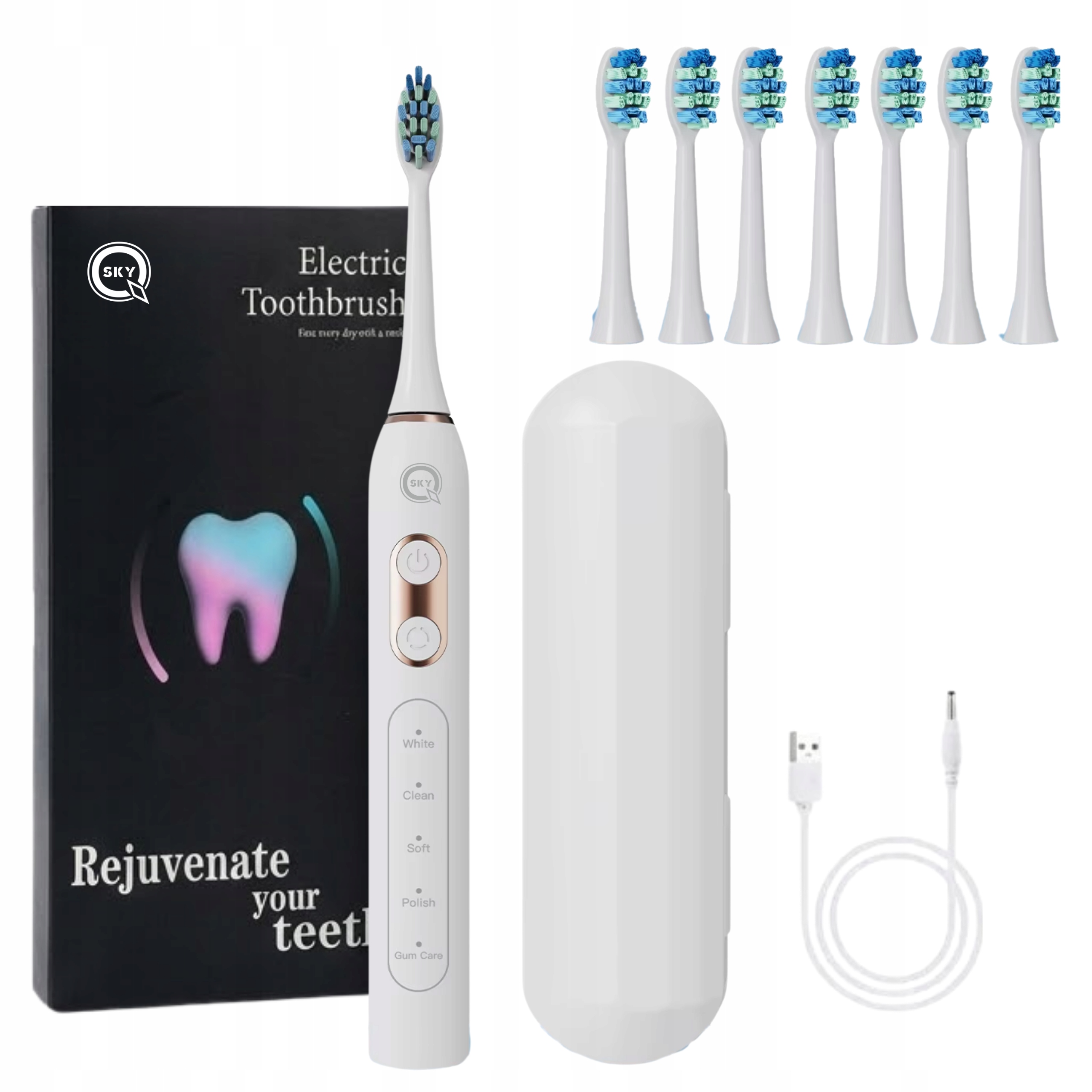 Elektryczna Soniczna Szczoteczka Do Zębów Biała 6 Końcówek 42TYS R/min