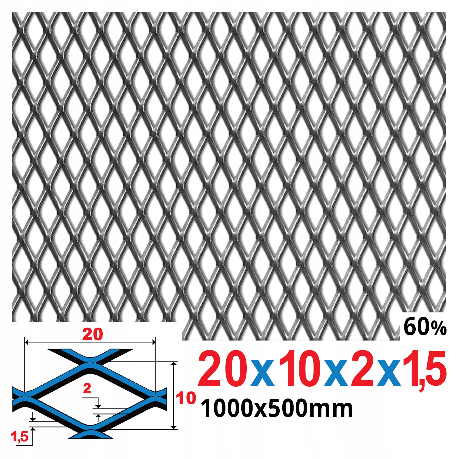 SIATKA CIĘTO CIĄGNIONA 1000 x 500 20 X 10 X 2 X1,5 Liczba m² w ofercie 0.5 m²