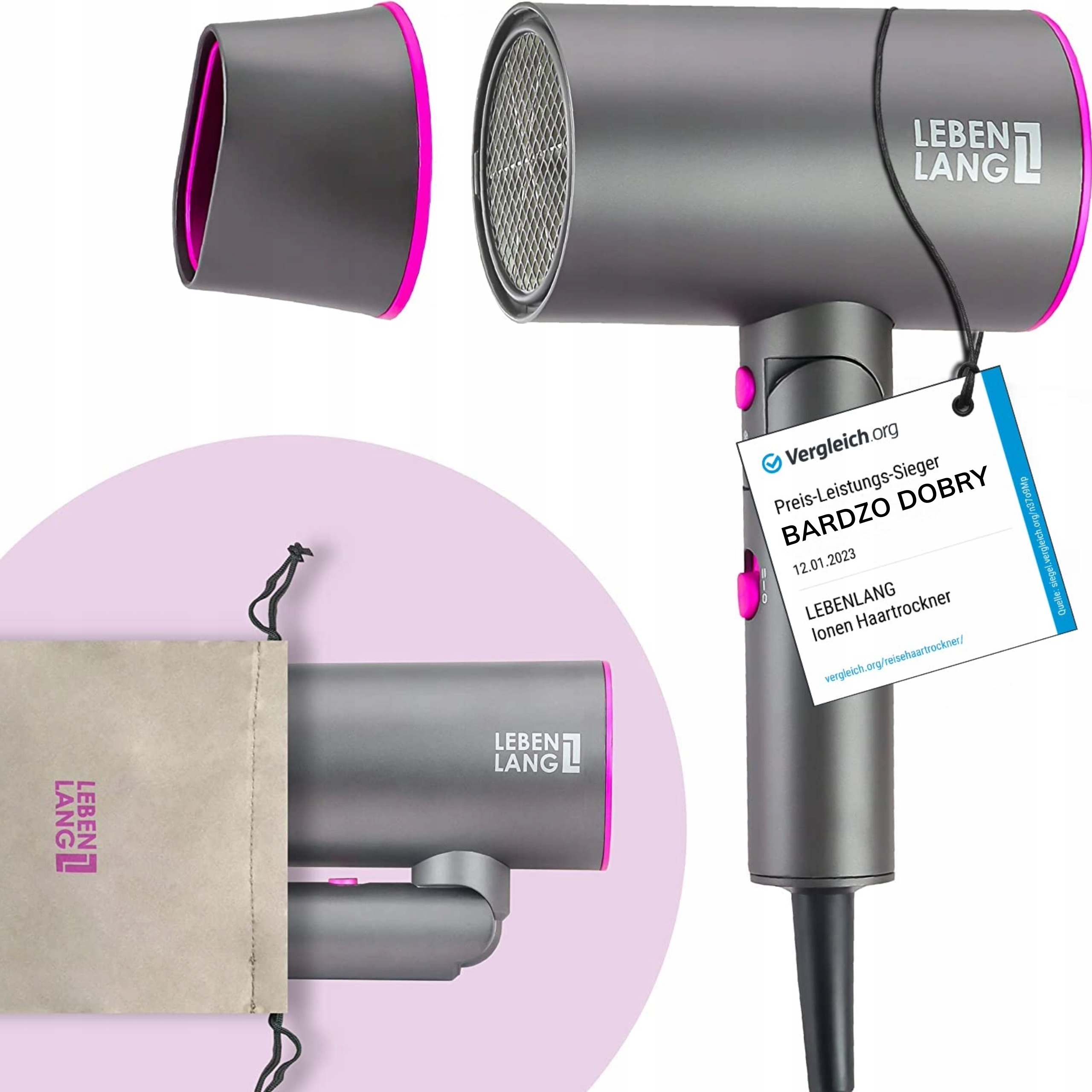 Suszarka do włosów mała Lebenlang 2100W jonizacja składana zimny nawiew