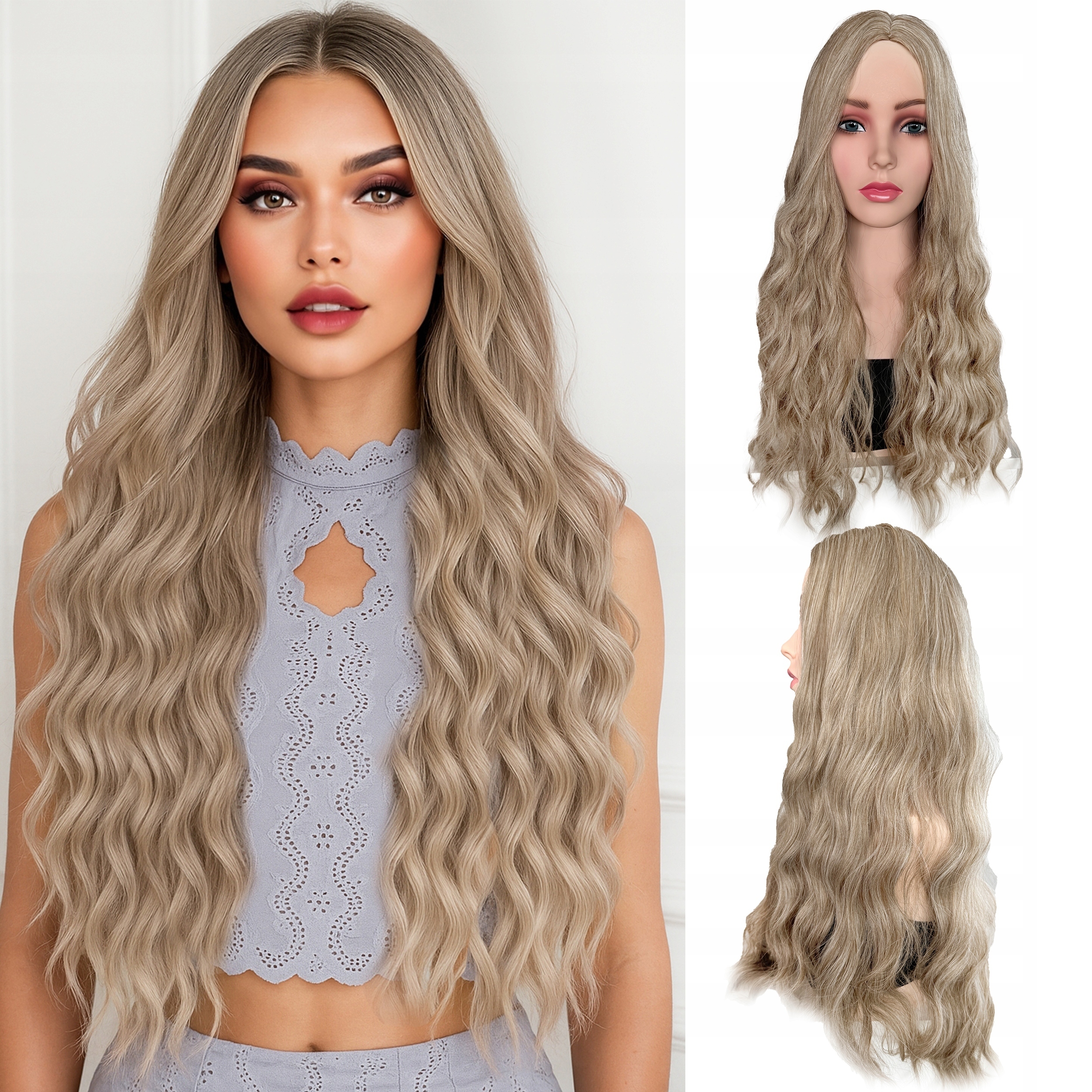 Syntetická paruka Umělé vlasy Kudrlinky Chladný Blond Balejáž Dlouhá 70 cm