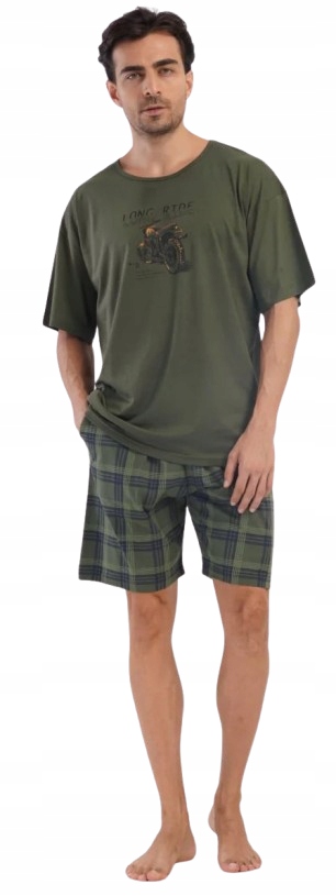 Pánské Zelené Pyžamo Motocykl Long Ride Tričko Kostkované Šortky M