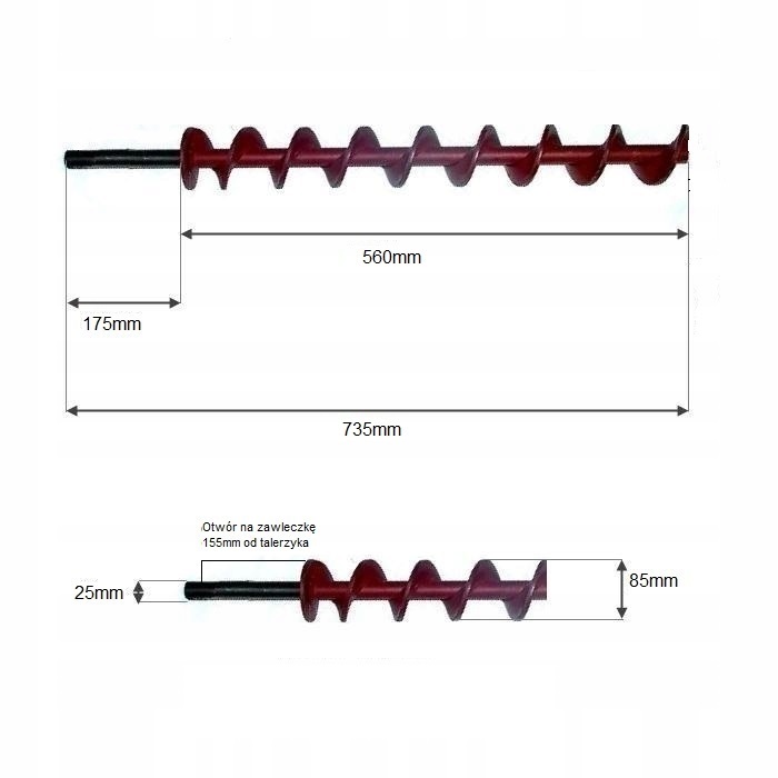 Ślimak Podajnika Do Pieca kotła Ekocentr 15-19kw. Długość L=735mm