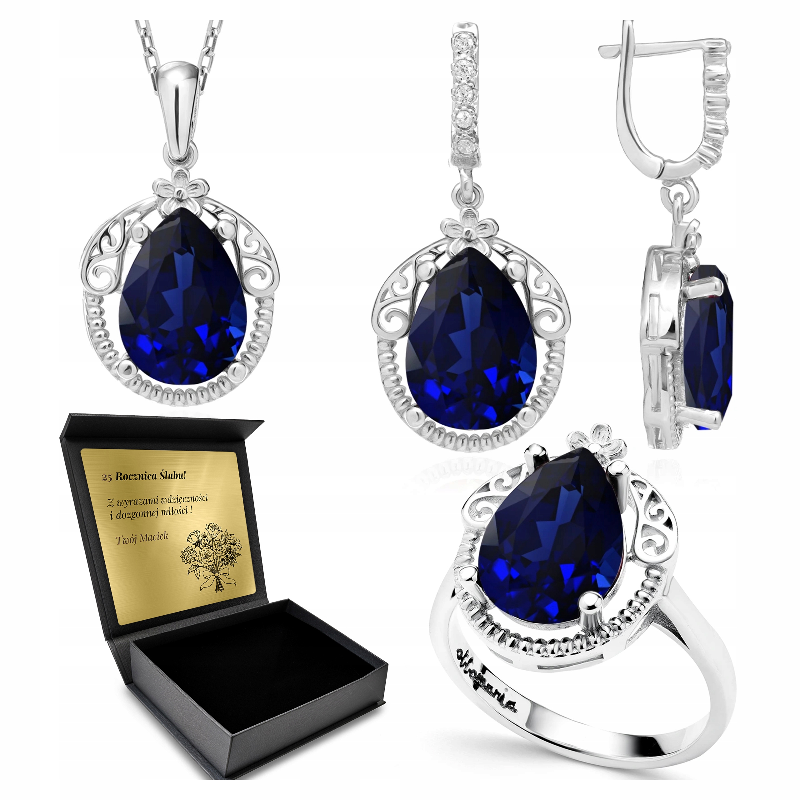 Komplet Stříbrných Šperků 925 Safírová Sada Pro Ženu Gravírování Bonus
