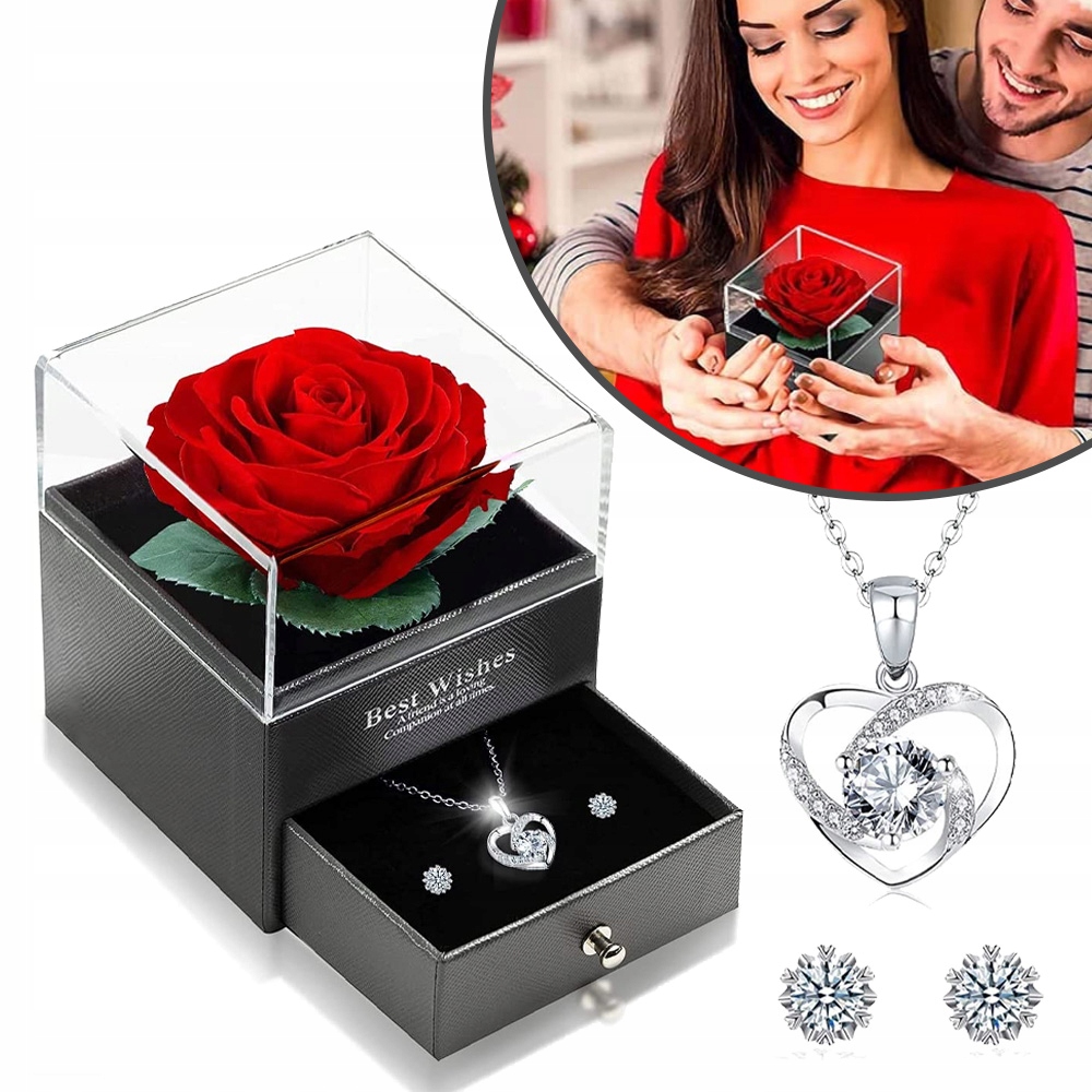 Stabilizovaná Růže S Náhrdelníkem Se Srdcem, Náušnicemi K Výročí, Valentýnu