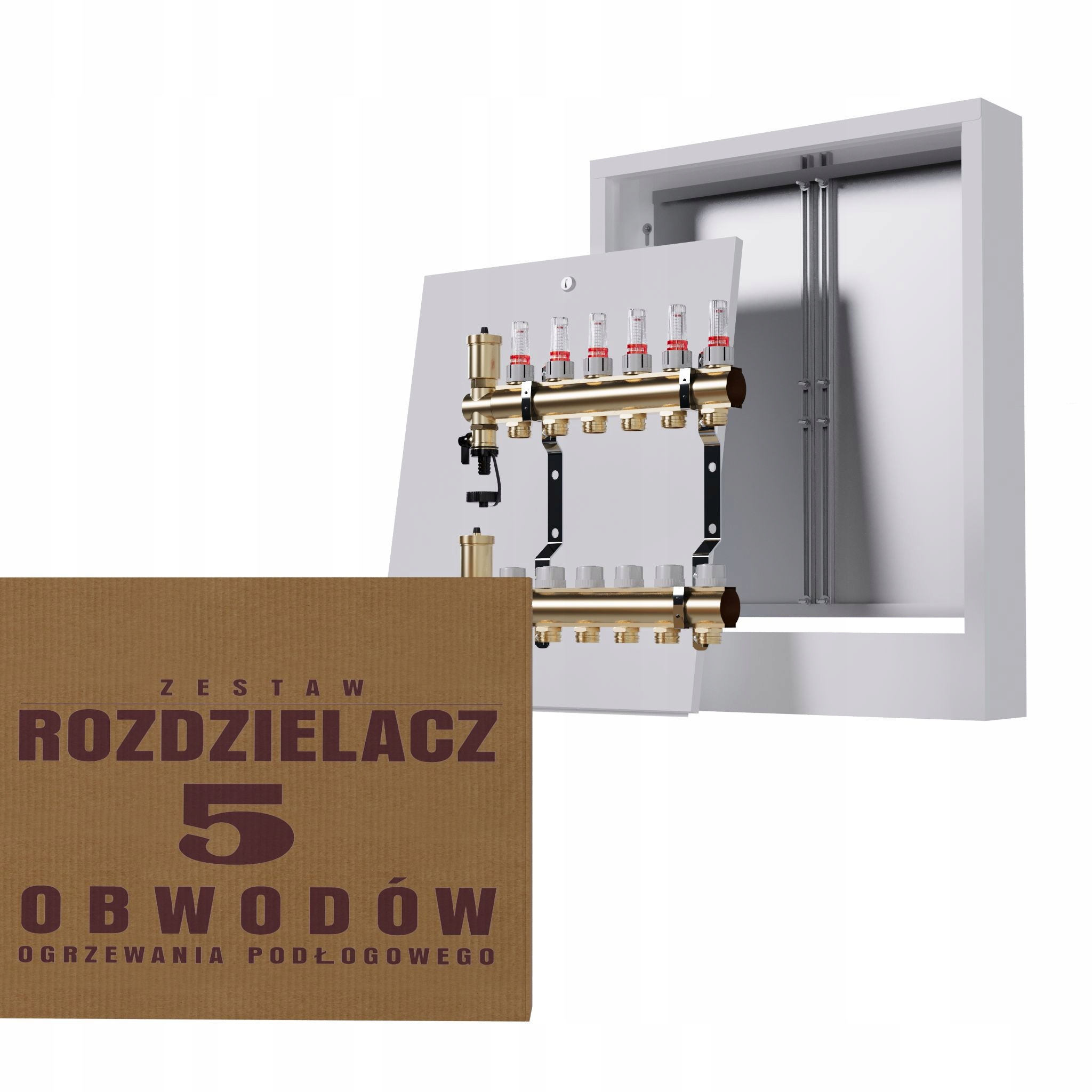 Rozdělovač na podlahy mosazný 5-okruhový a nástěnný box bílý