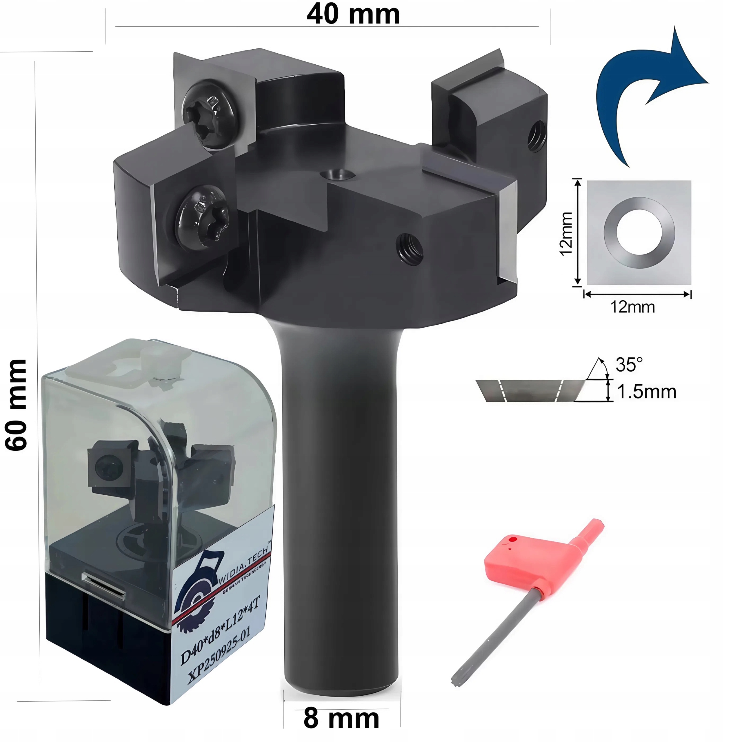 Fréza pro plánování rovin 40 mm, úchyt 8 mm pro 12 mm vyměnitelné destičky
