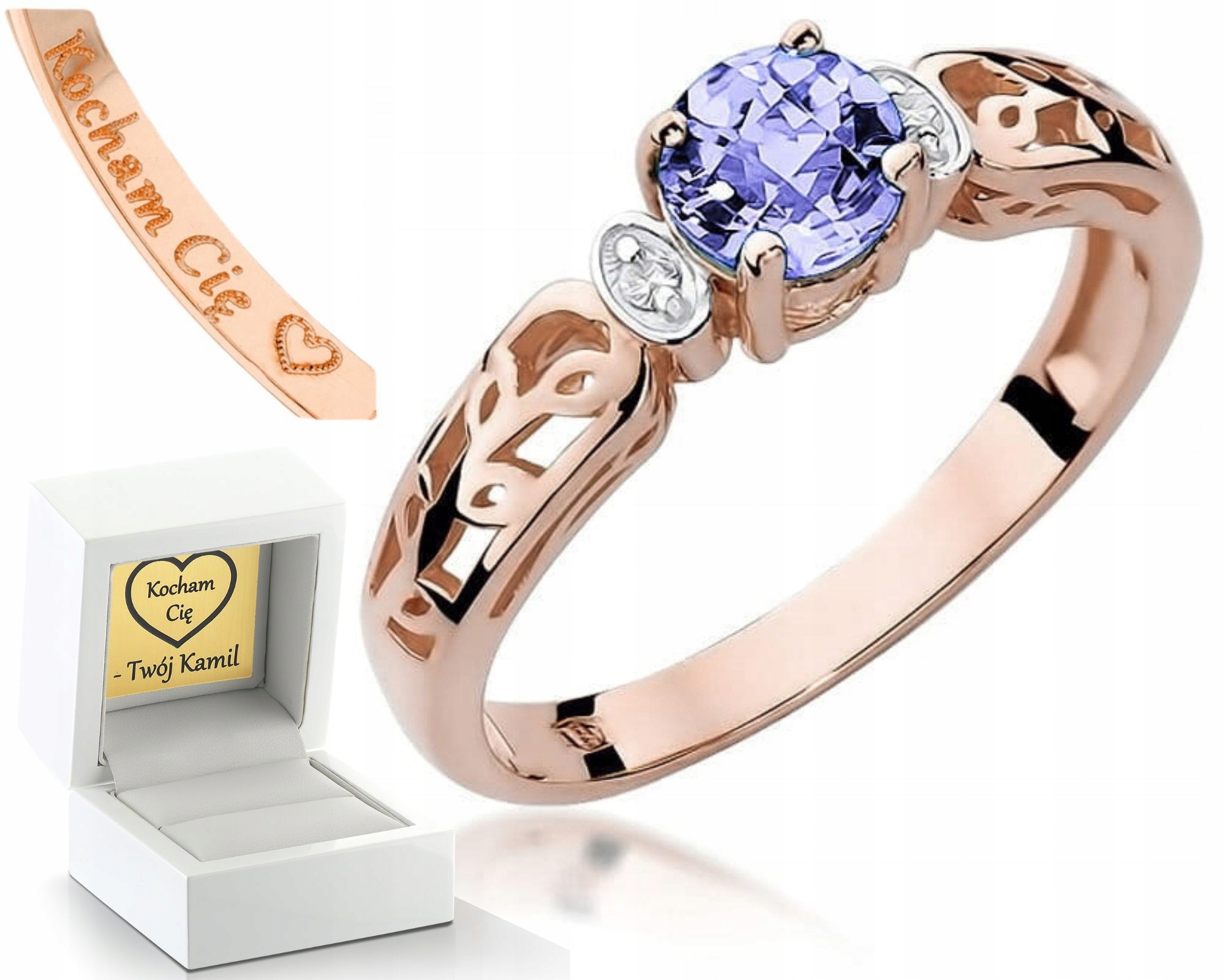 Růžový Zlatý Prstýnek Gravírování S Tanzanitem, Diamanty, Gravírování 585, Dárek