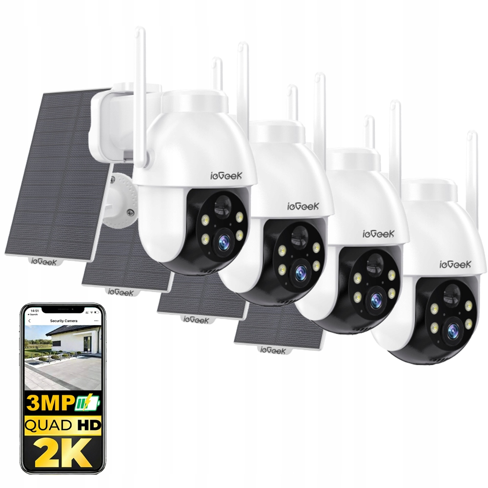 4 kusy Solární otočná kamera 3MPx venkovní bezdrátová 4x Zoom Ptz