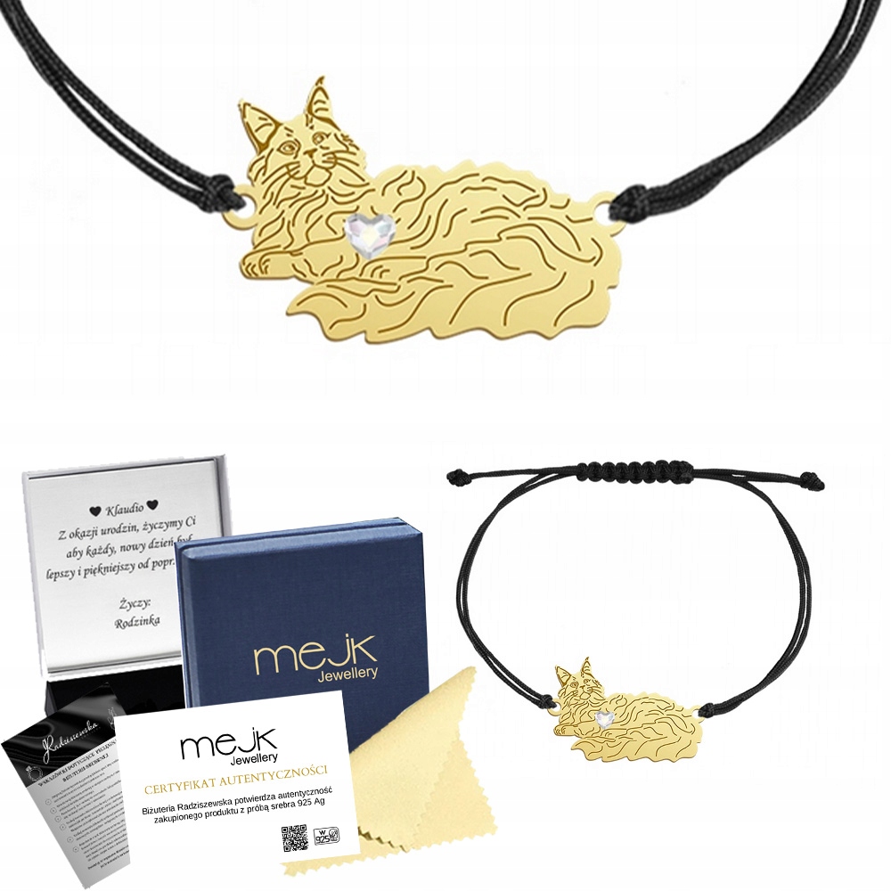 Zlatý náramek s kočkou Maine Coon 925 Dárek Šperky Gravírování Bonus