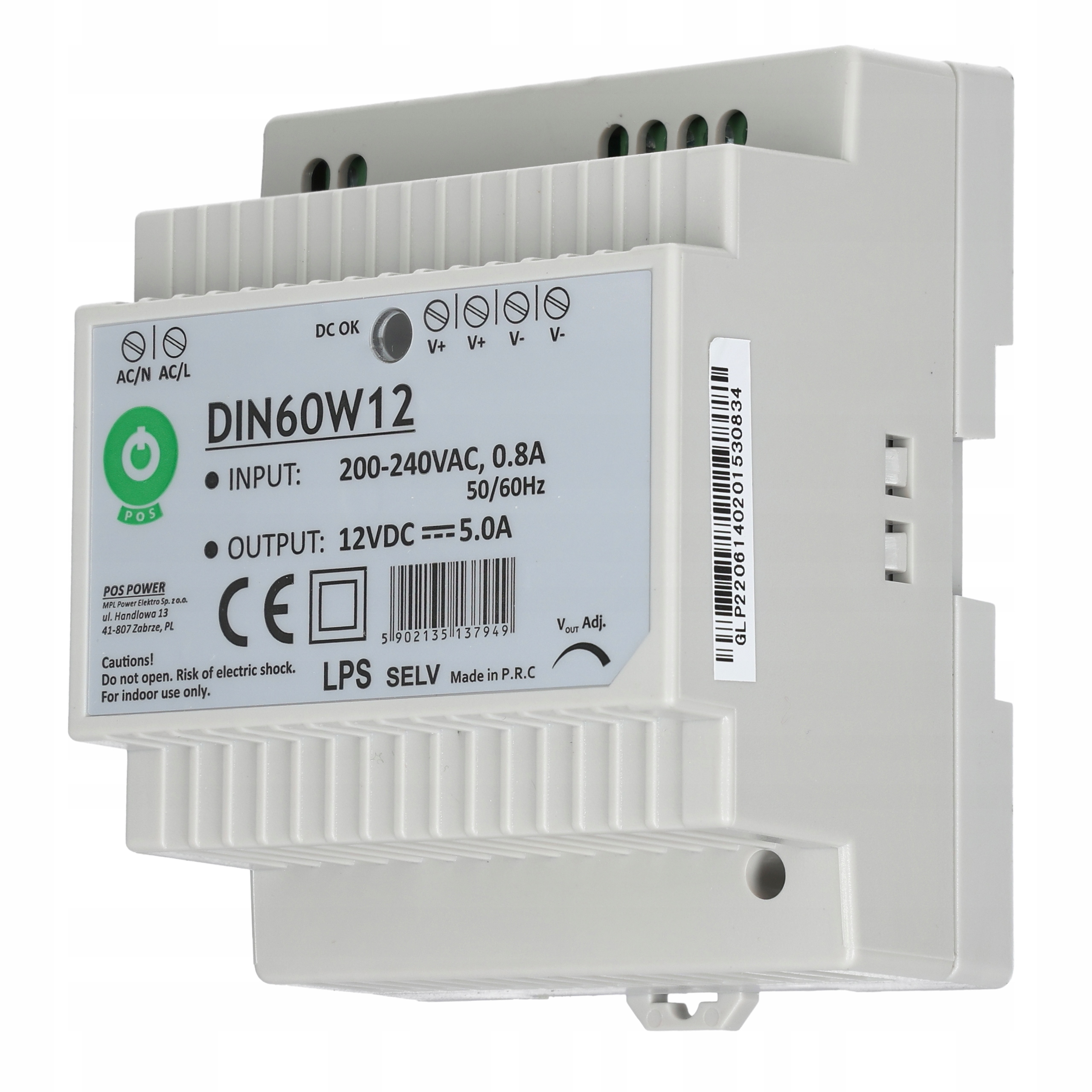 Zasilacz taśm LED na szynę DIN TH35 5A 60W 12V Model DIN60W12