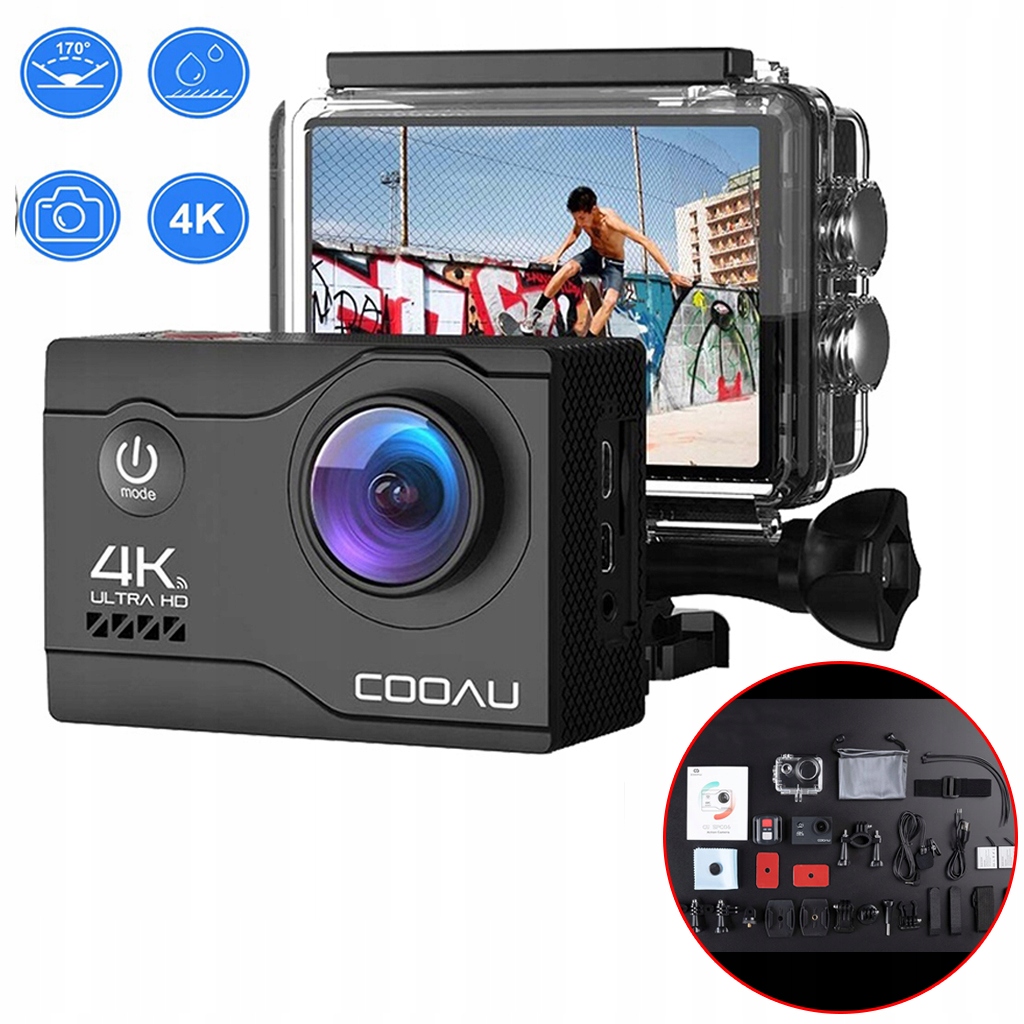 Sportovní Kamera 4K Uhd Wifi Voděodolná 40 M Černá Komplet Eis