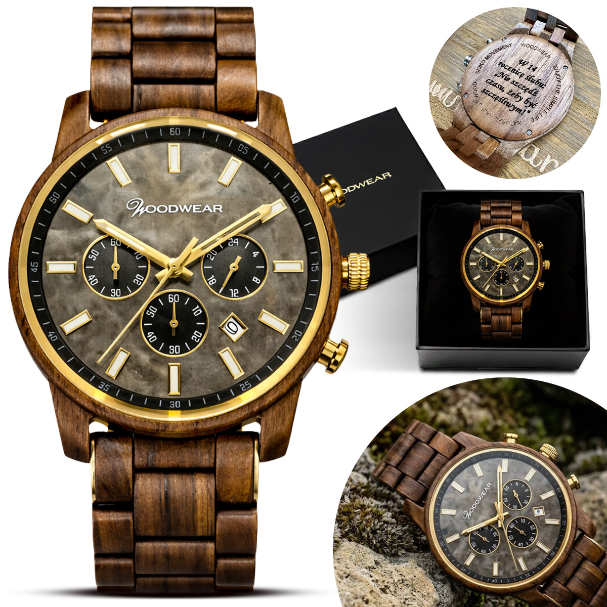 Pánské Hodinky Woodwear Dřevo Chronograf Datumovka Elegantní Balení