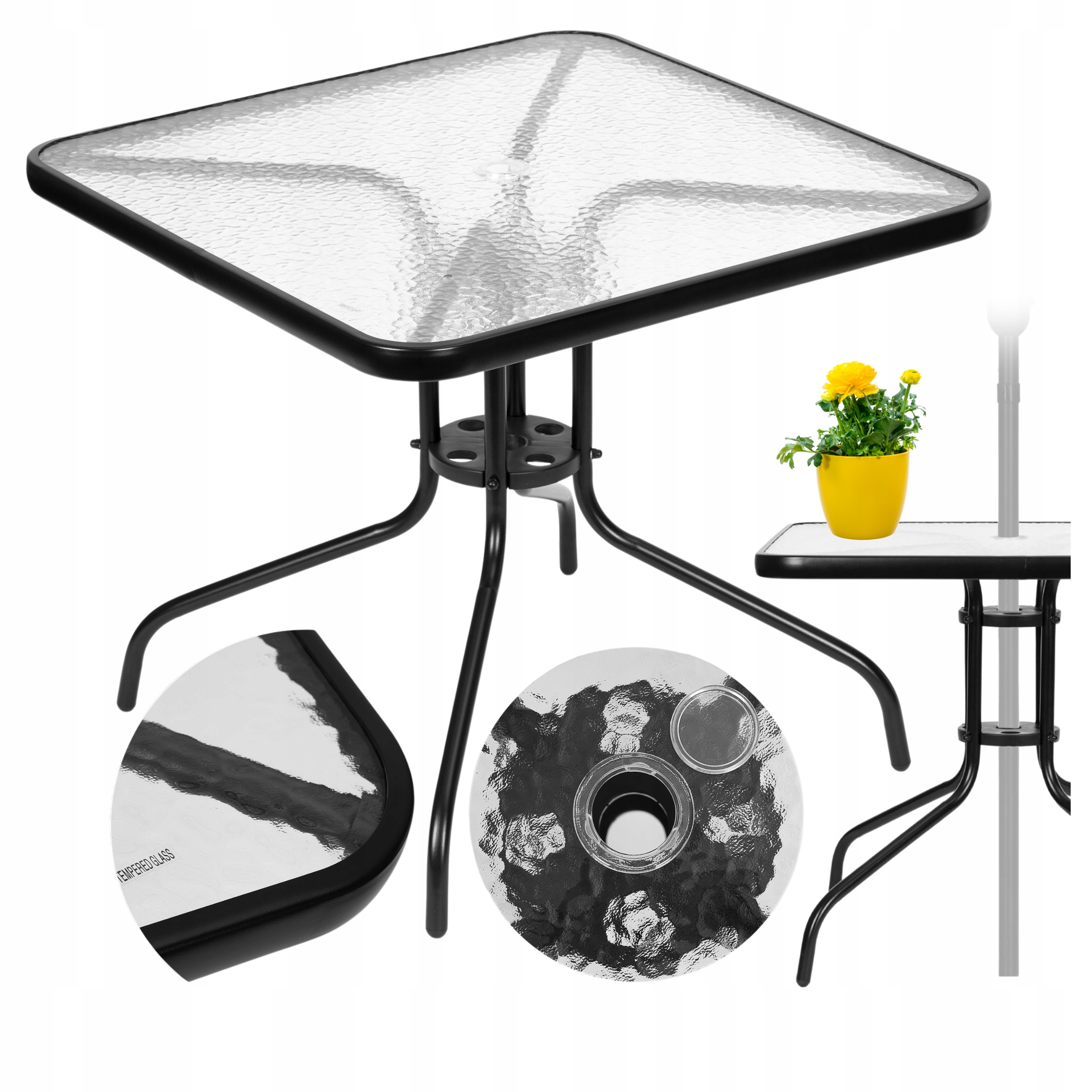 Stolik Ogrodowy Na Taras Ogród Balkon 80x80 cm Szkło Hartowane z Otworem