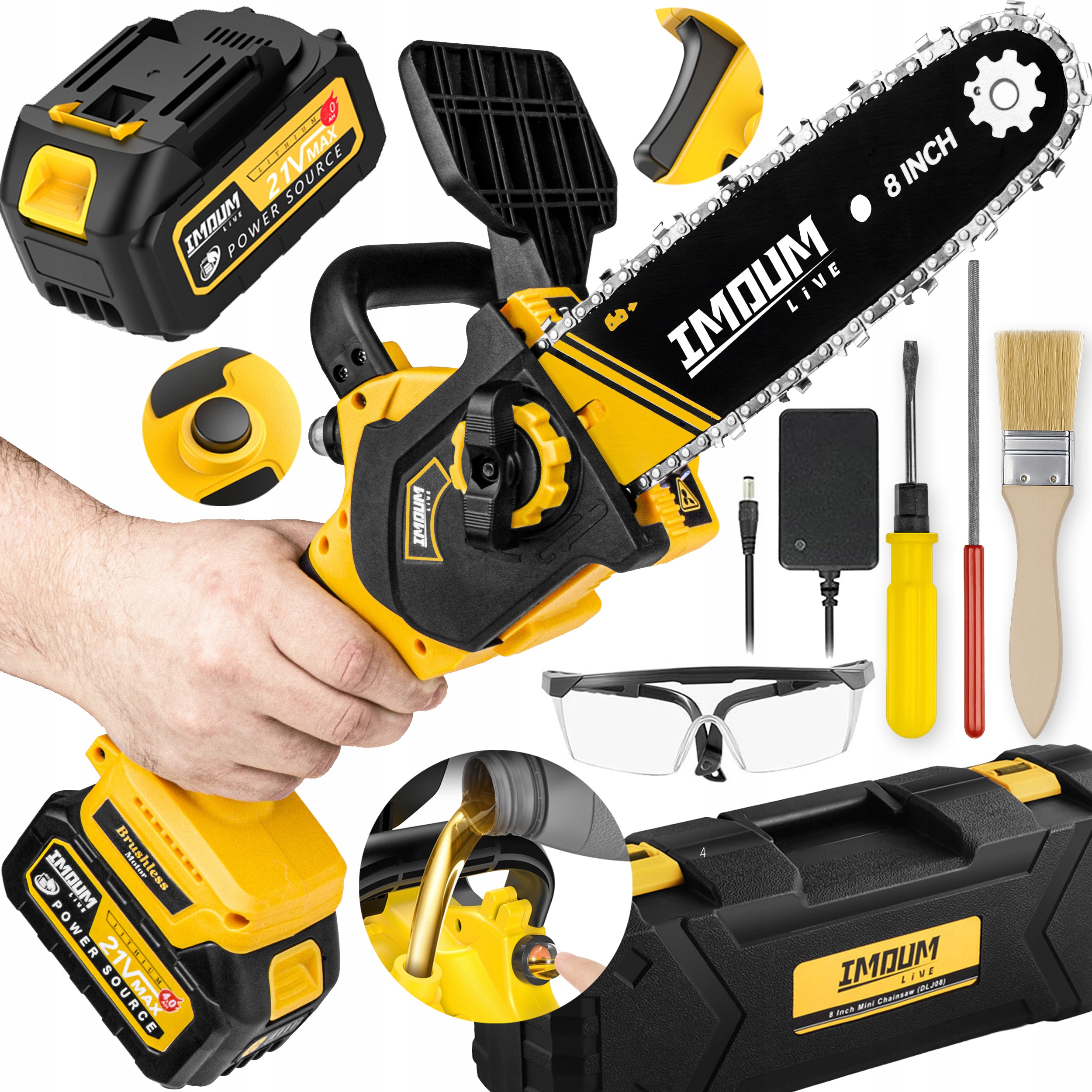 Mini Aku Řetězová Pila 8" Sada Dvěch Baterie Imoum