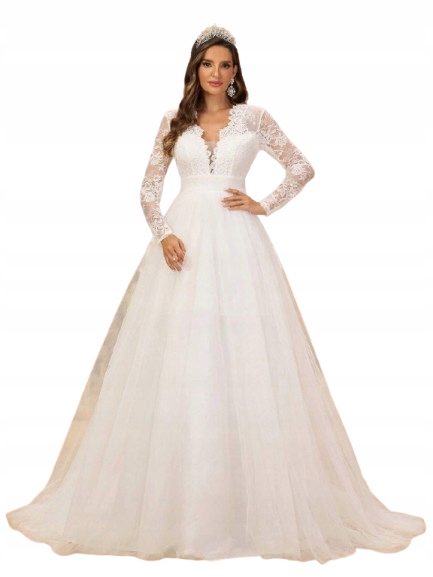 Shein Bílá Svatební Šaty S Krajkovými Rukávy A Tylem 40 1KF