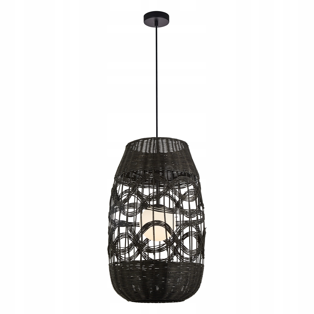 Závesná lampa boho ratan čierna sklenená biela guľa do obývačky 40 cm Milagro