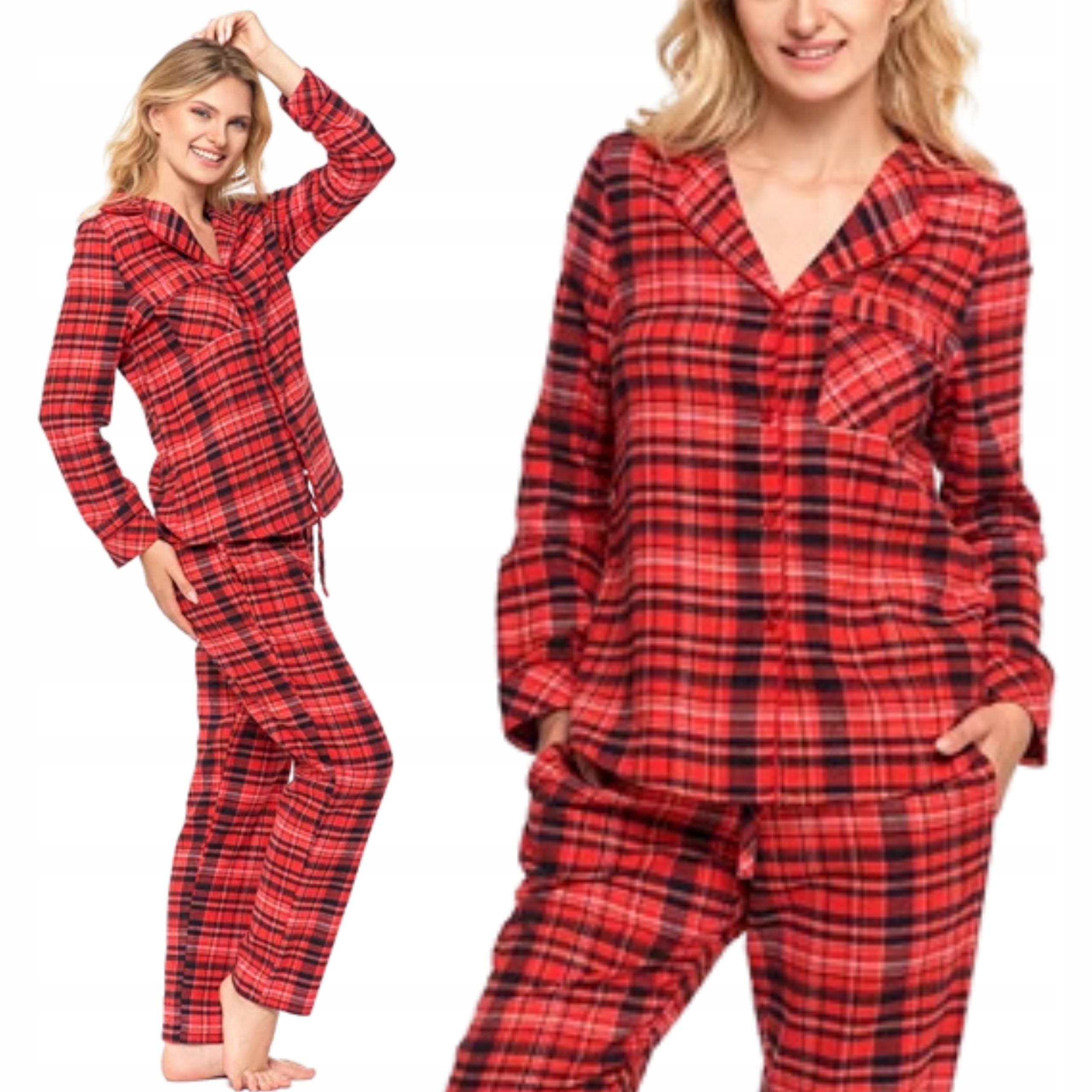 Piżama Damska Dwuczęściowa w Kratę Flanelowa Złote Przeszycia Modna Moraj L