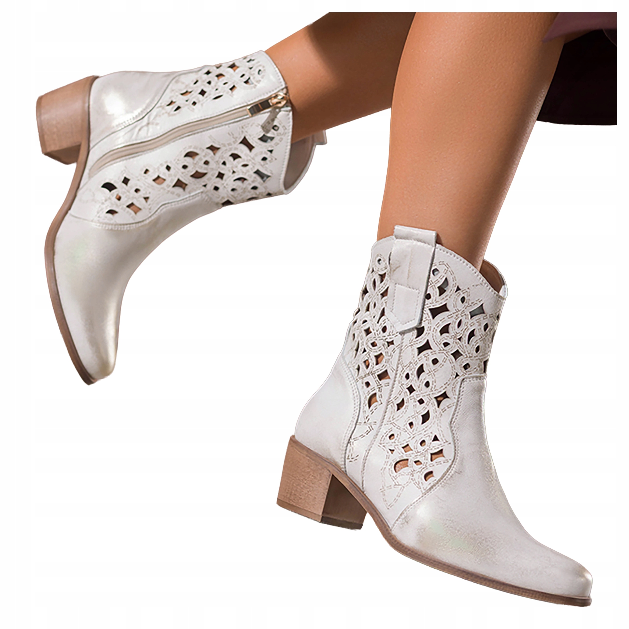 Světle béžové dámské kotníkové boty Kovbojské Boty Módní Ažurové Podpatky Klocek Kožené vel. 37