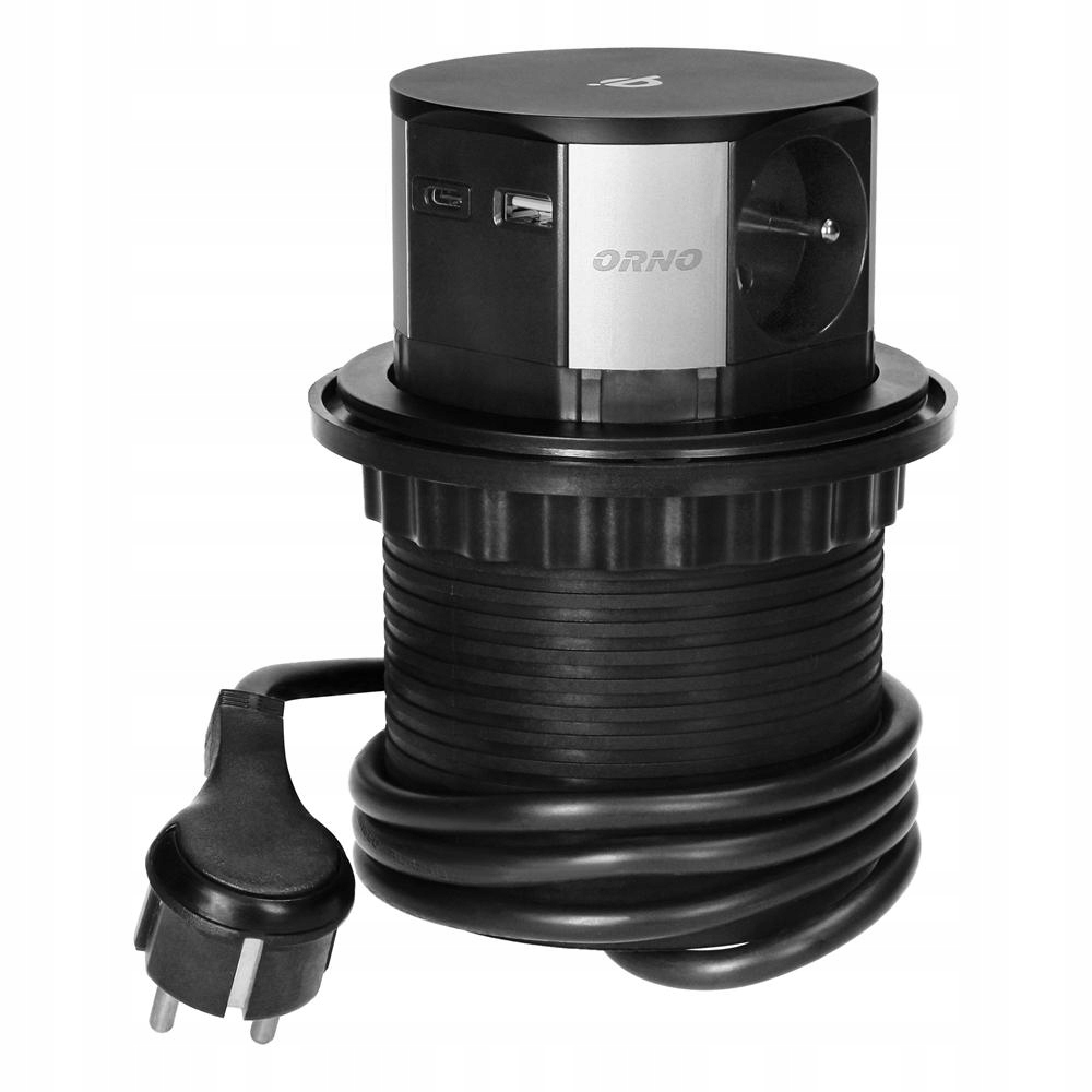 Nábytková zásuvka Ø10 cm výsuvná z desky s indukční nabíječkou, 1,5 m, 3x2P+Z