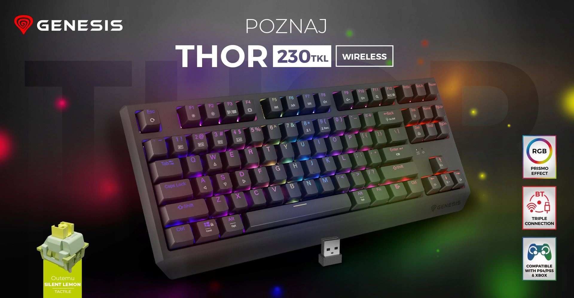 Klawiatura Bezprzewodowa Mechaniczna Thor230 TKL Hot Swap RGB Silent Lemon Interfejs USB USB (Radio 2.4 GHz) Bluetooth