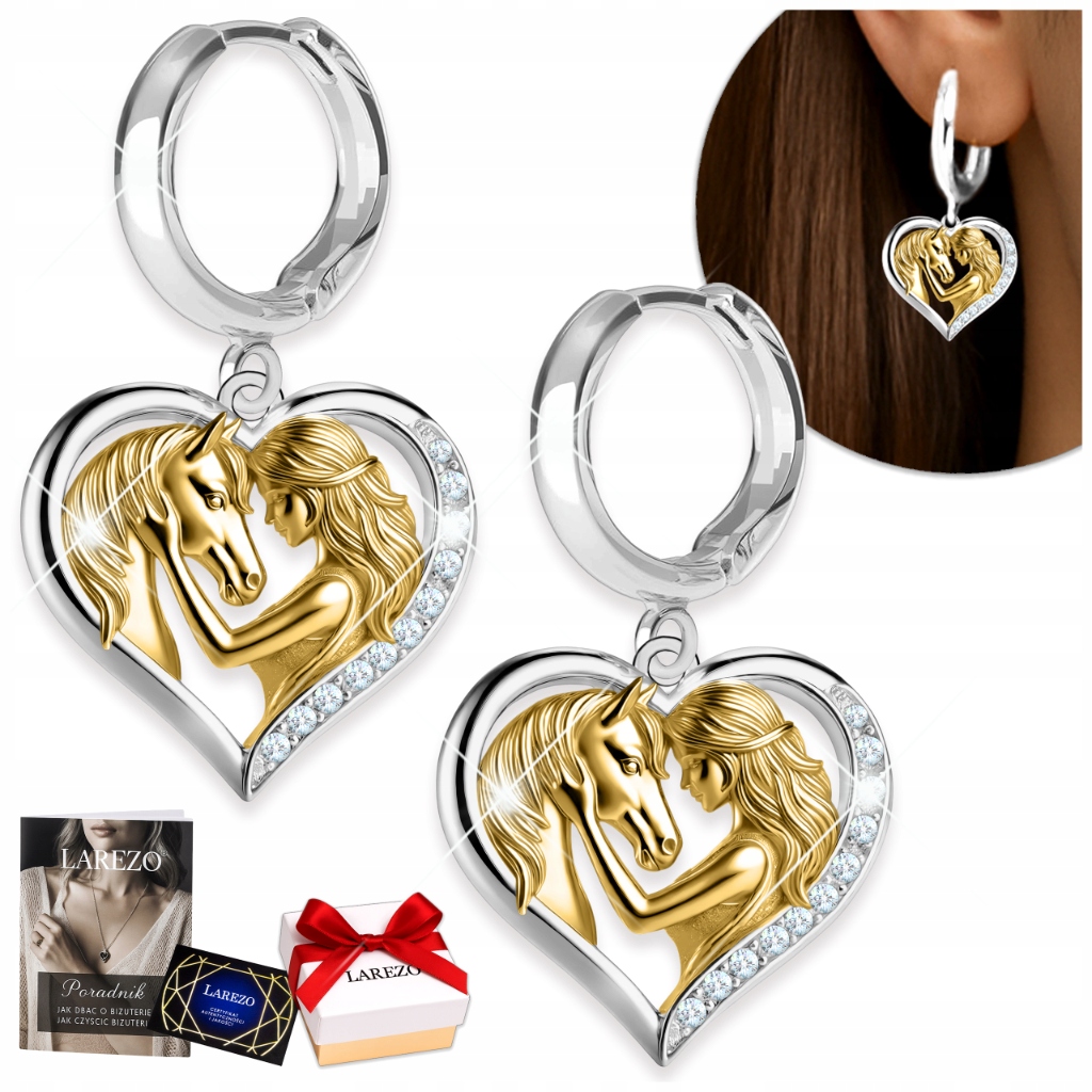 Stříbrné Náušnice visící srdíčka, koník, velká Srdíčka s koněm Stříbro 925