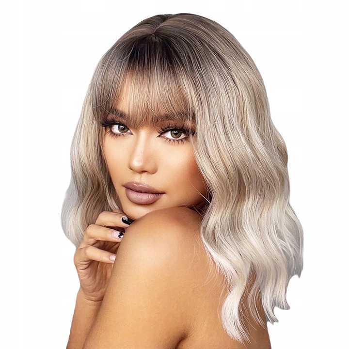 Peruka damska jasny blond ombre z grzywką bob do ramion syntetyczna