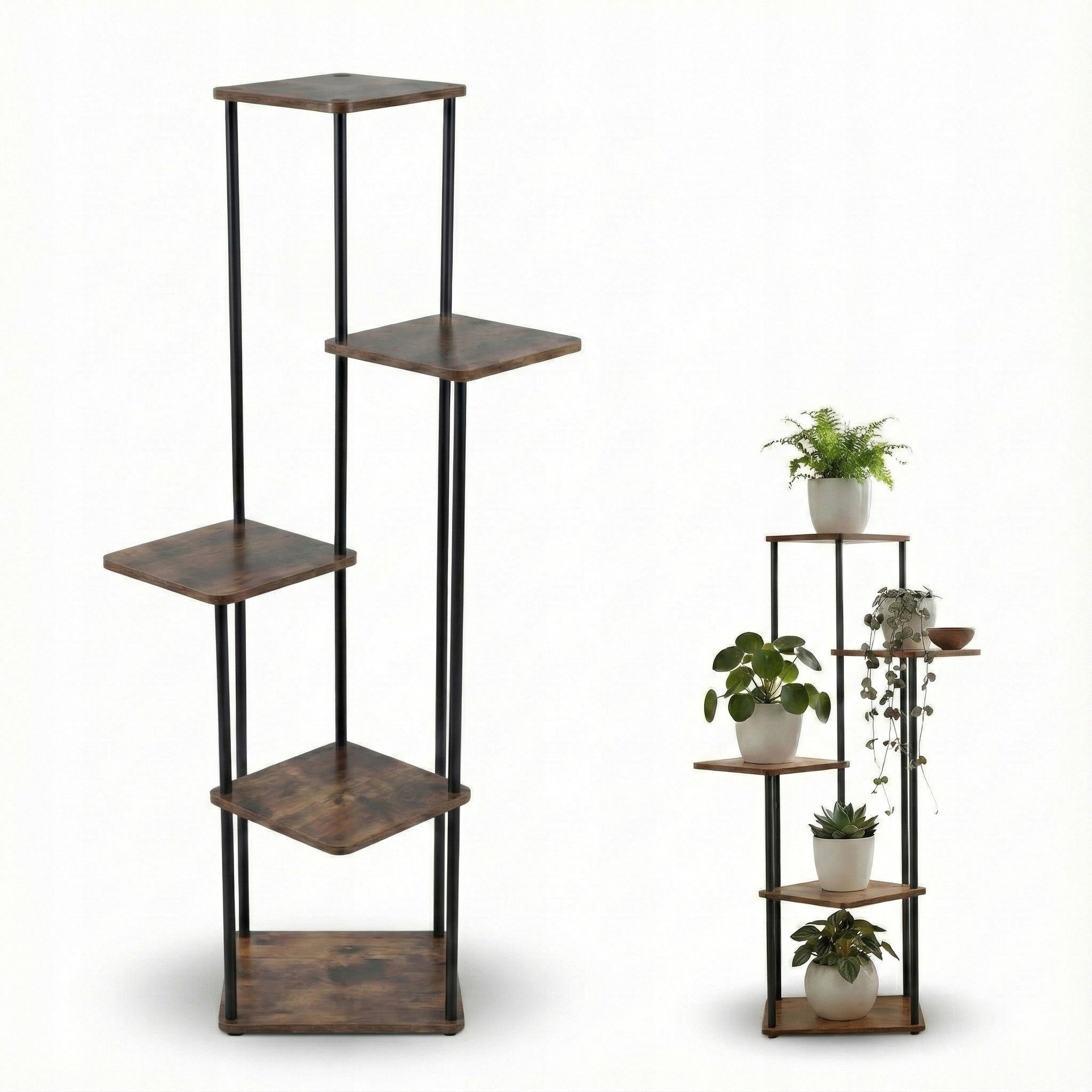 Držák Na Květináč Stojící 5 Úrovní Mdf Kov 30X30X106 CM Tmavě Hnědý
