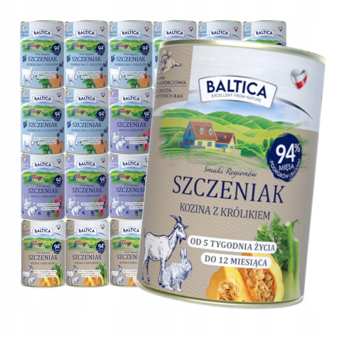 Levně Baltica Mix Chutí 24x400g Vlhké Krmivo pro štěňata Jehněčí Krůta Kozina