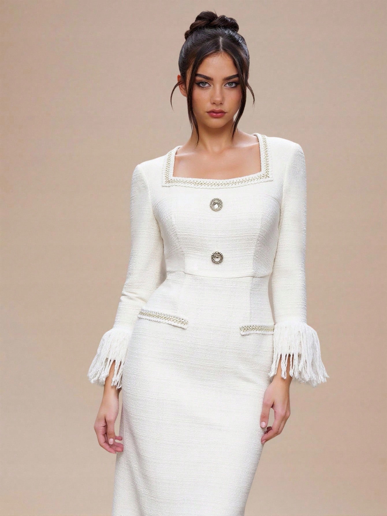 Šaty Béžové Tvídové S Třásněmi MIDI Retro Elegantní Shein L 40
