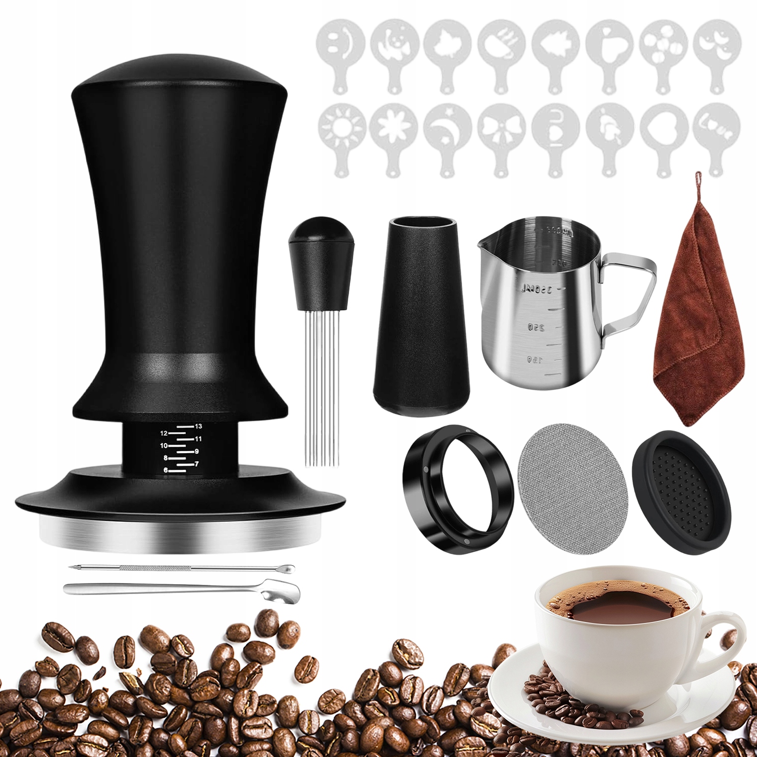 Levně Sada Šlehačů Na Kávu 25 Ks S Tamperem 51 MM S Konvičkou 350 ML Na Espresso