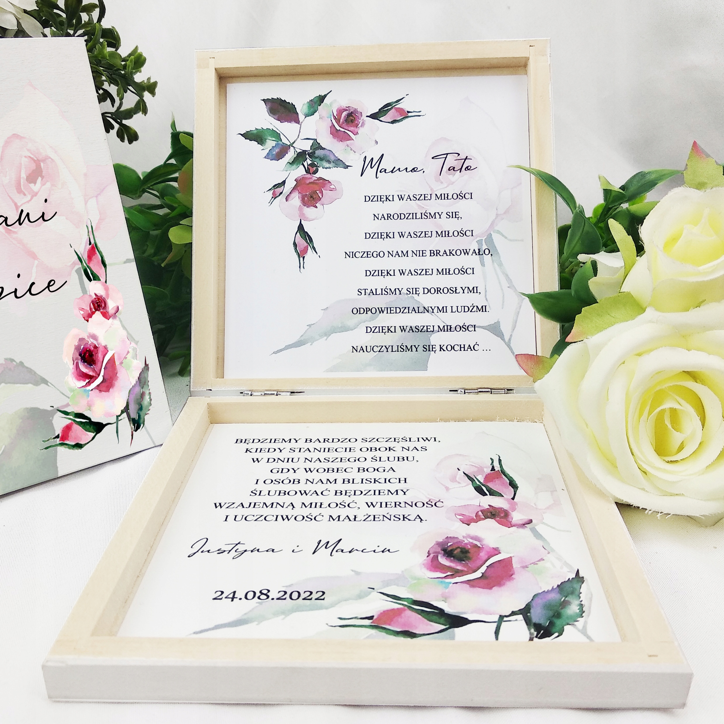 PUDEŁKO DREWNIANE ZAPROSZENIE DLA RODZICÓW NA ŚLUB WESELE AKWARELA Liczba sztuk 1 szt.
