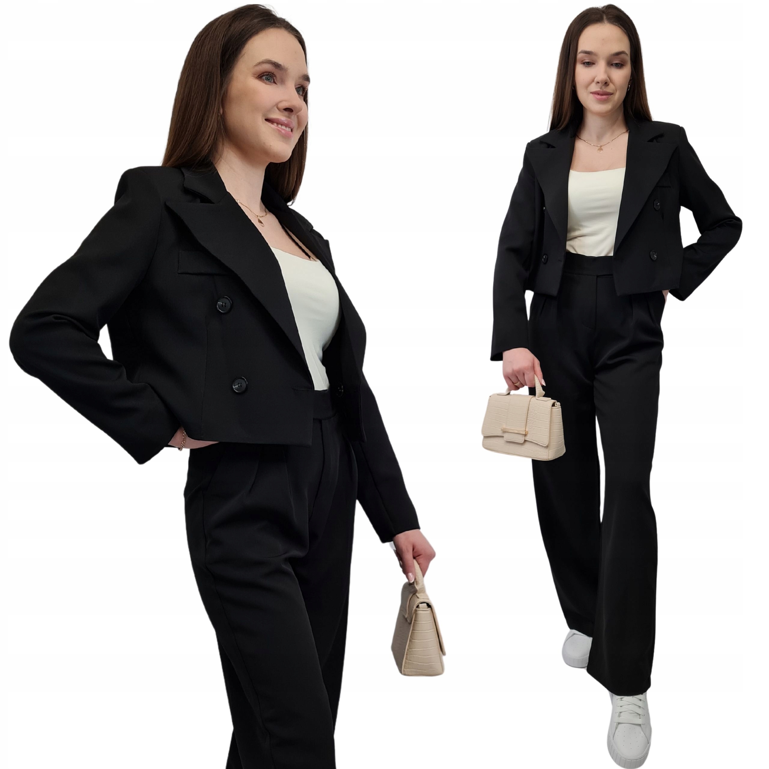 Modna MARYNARKA KRÓTKA Czarna, Nowoczesny Żakiet Damski do Garnituru, r. M Wzór dominujący bez wzoru