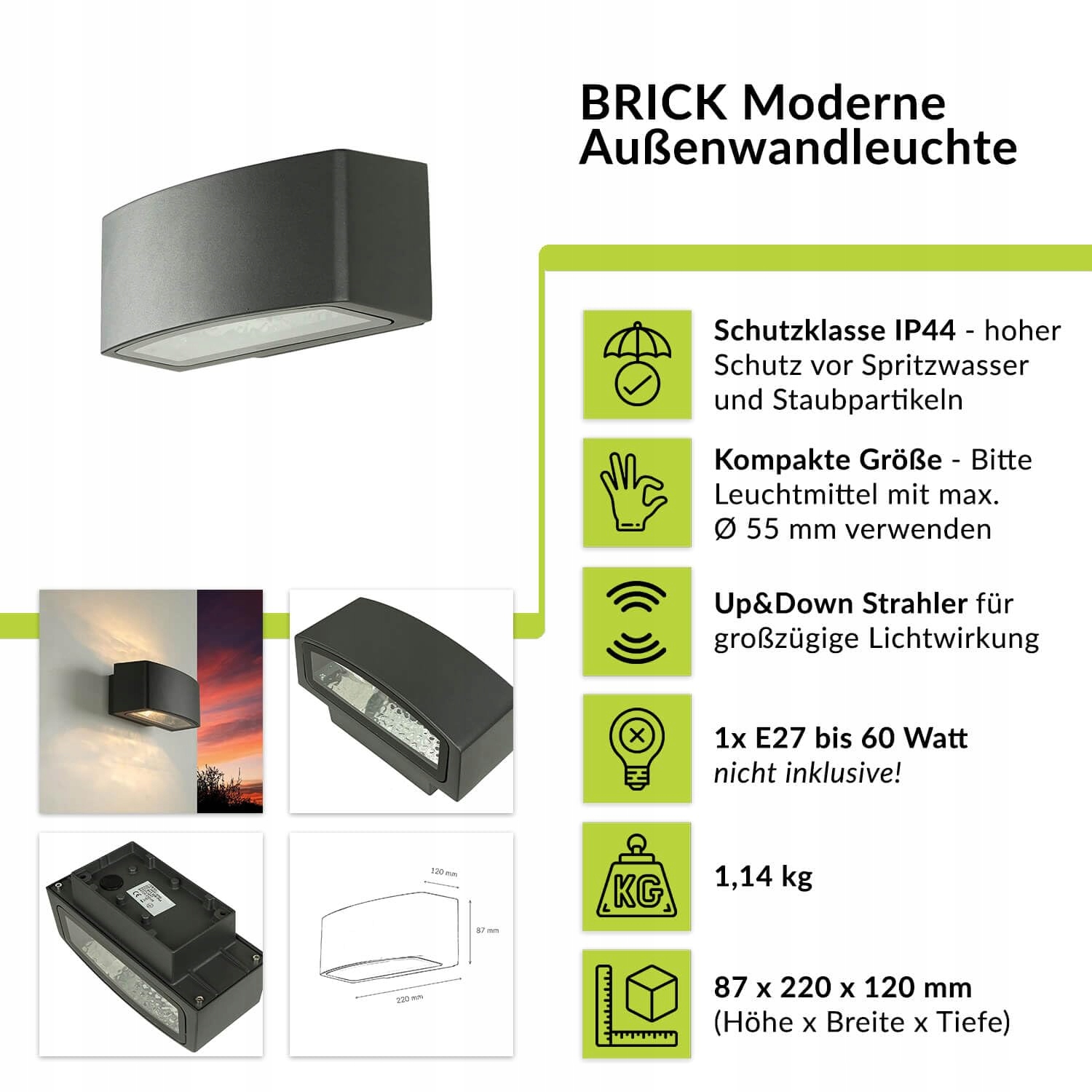 Lampa Zewnętrzna Ścienna Up Down Antracyt Ogród IP44 E27 Licht-Erlebnisse — miniatura 2