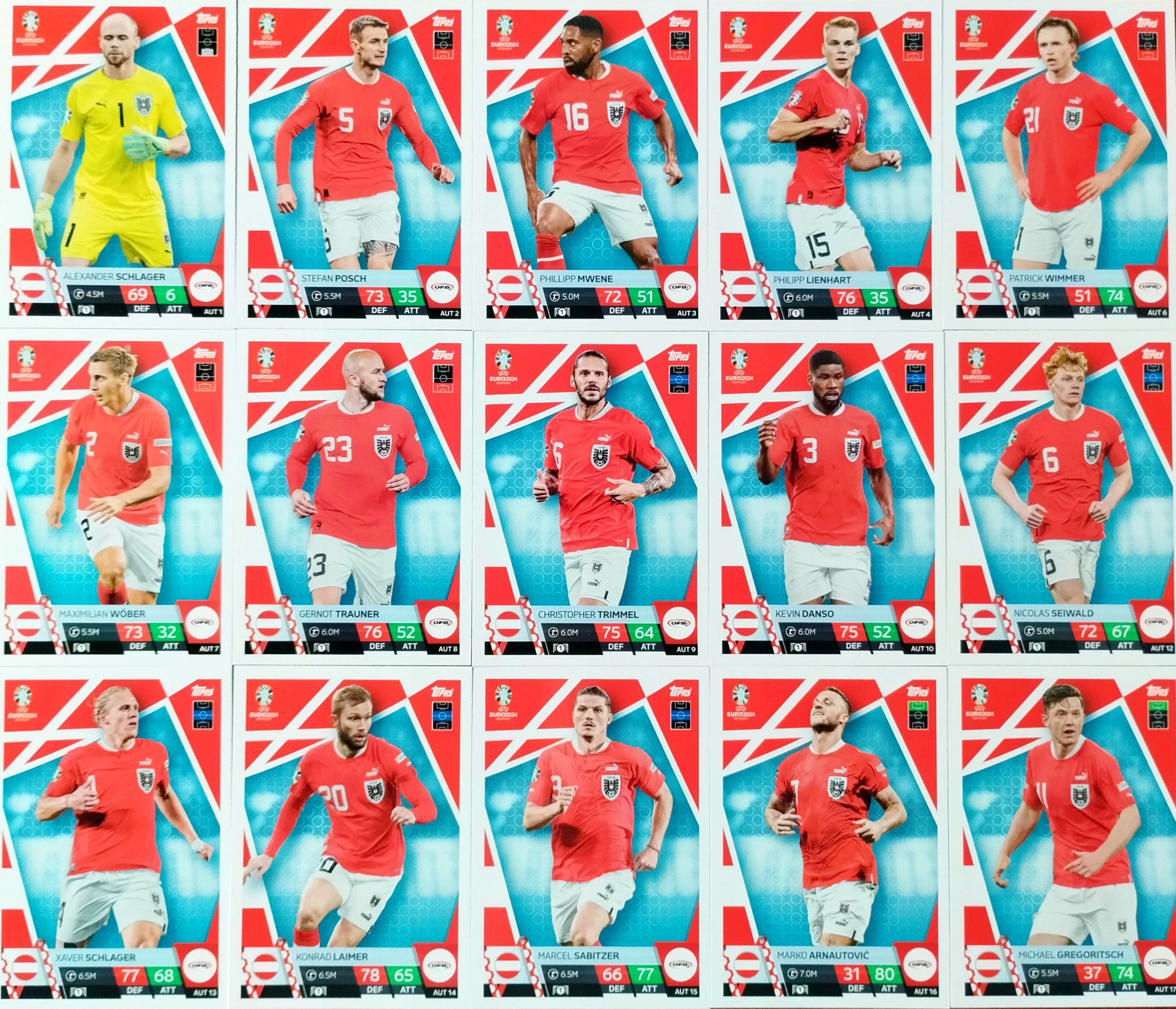 Euro 2024 Topps Match Attax Komplet 15 kart Drużyna Austrii Austria