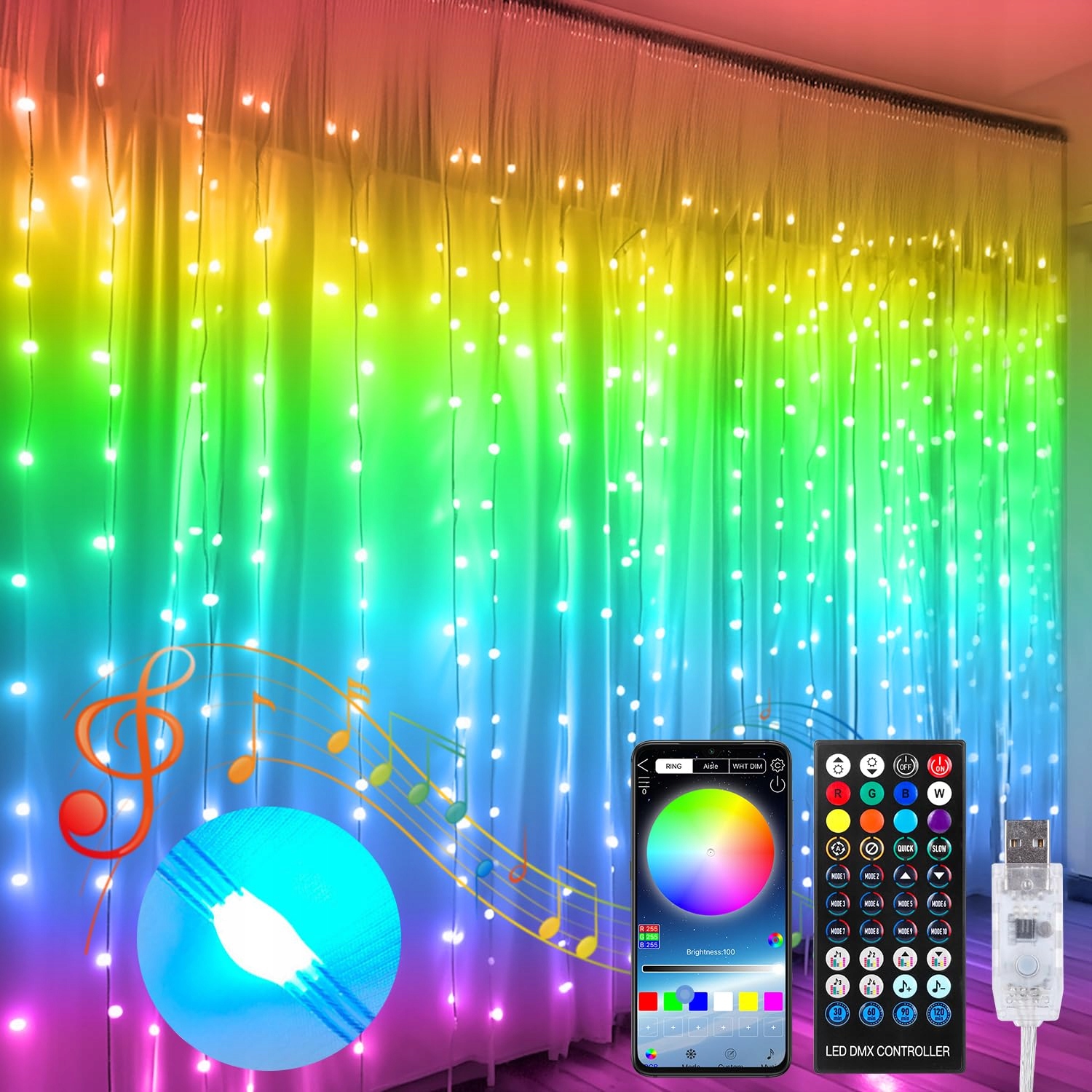 KIMUWOTE Kurtyna Świetlna 2x2m 200 LED Wodoodporna USB Ciepła Biała — miniatura 15