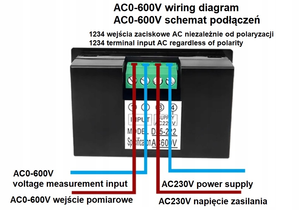 Woltomierz Cyfrowy Panelowy LCD Miernik Napięcia AC 600V Materiał platformy brak informacji