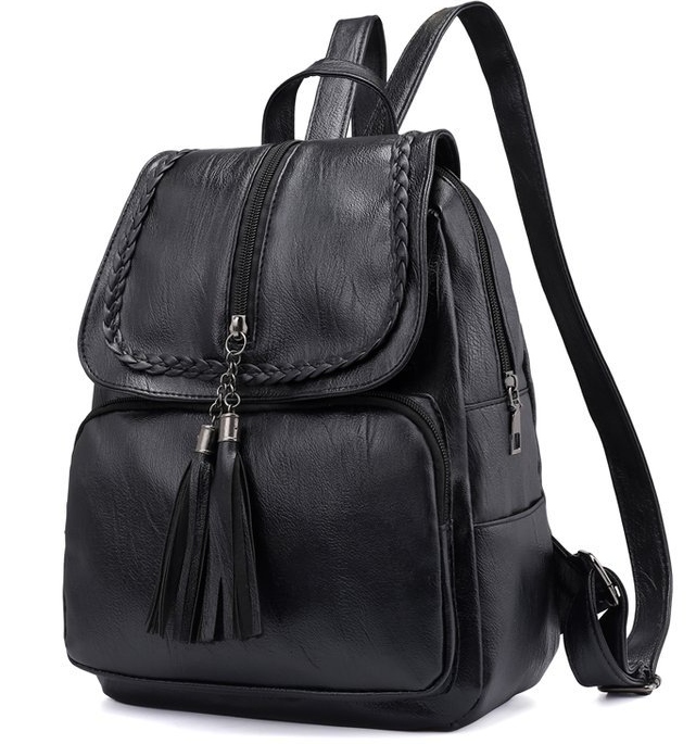 PLECAK DAMSKI SKÓRZANY CZARNY VINTAGE RETRO Z KLAPĄ FRĘDZEL STYLOWY MIEJSKI