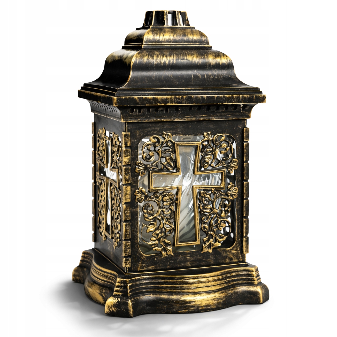 Znicz szklany ozdobny premium złoto-czarny tradycyjny KRZYŻ wys. 26 cm