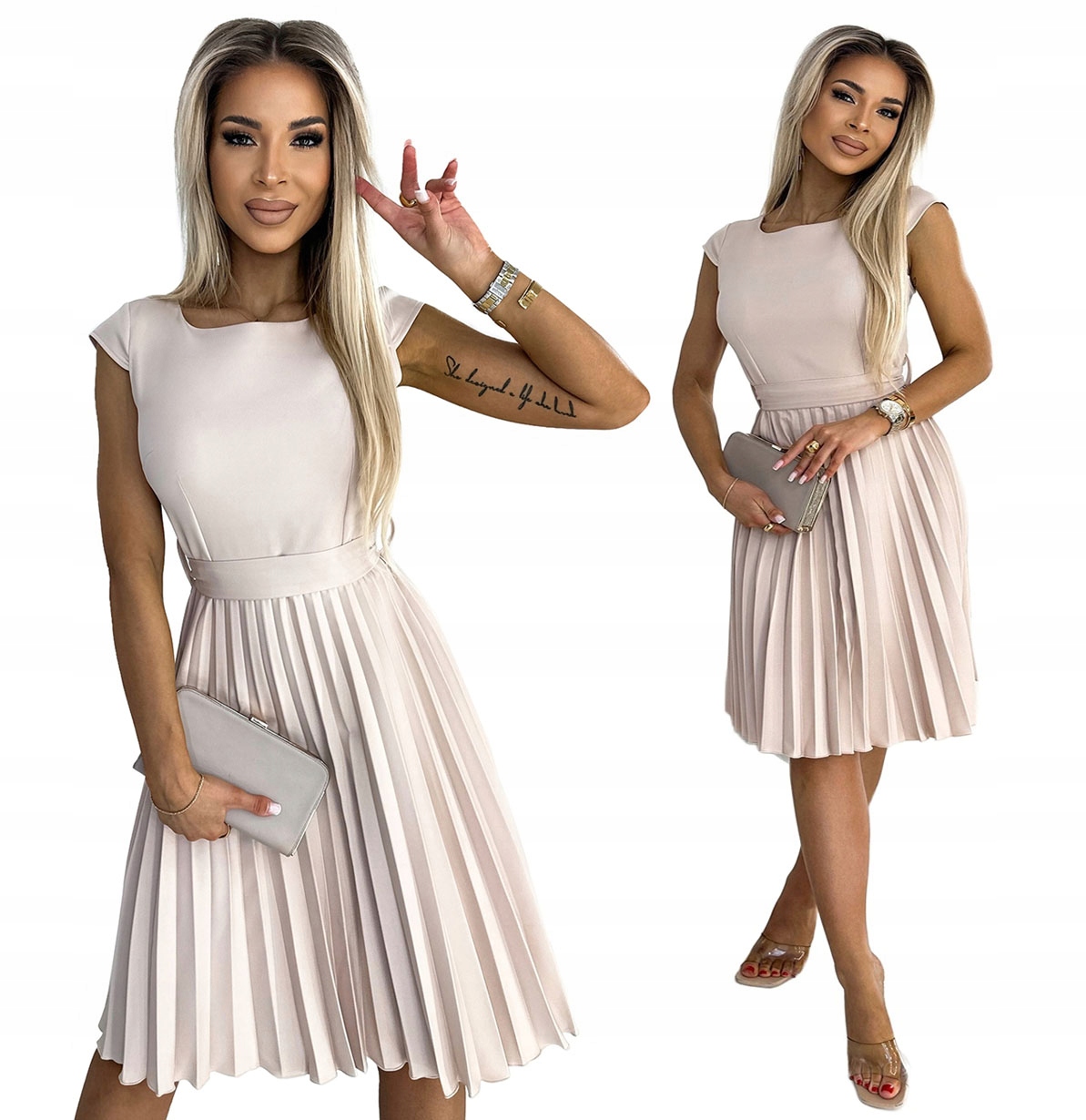 Krásné Plisované Šaty S Mašličkou V Pase, Krátký Rukáv, Béžová, Velikost XL