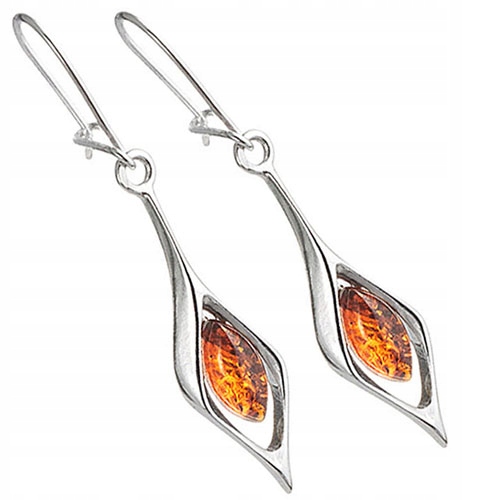 Dlouhé Stříbrné Náušnice s přírodním Jantarem Baltské stříbro 925 Zavřené