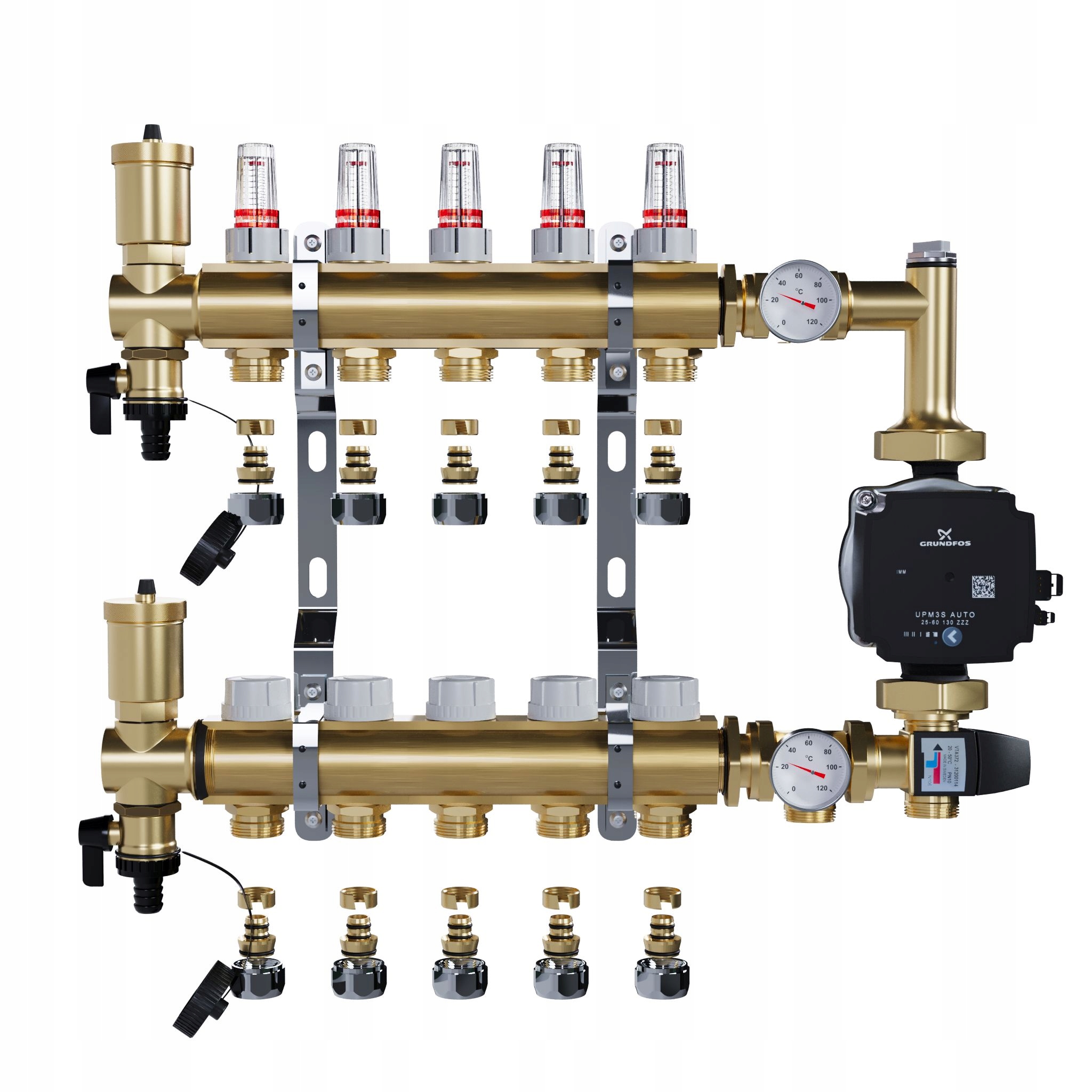 Rozdělovač pro podlahové topení 5 sekcí Pex Spojky Čerpadlo Grundfos
